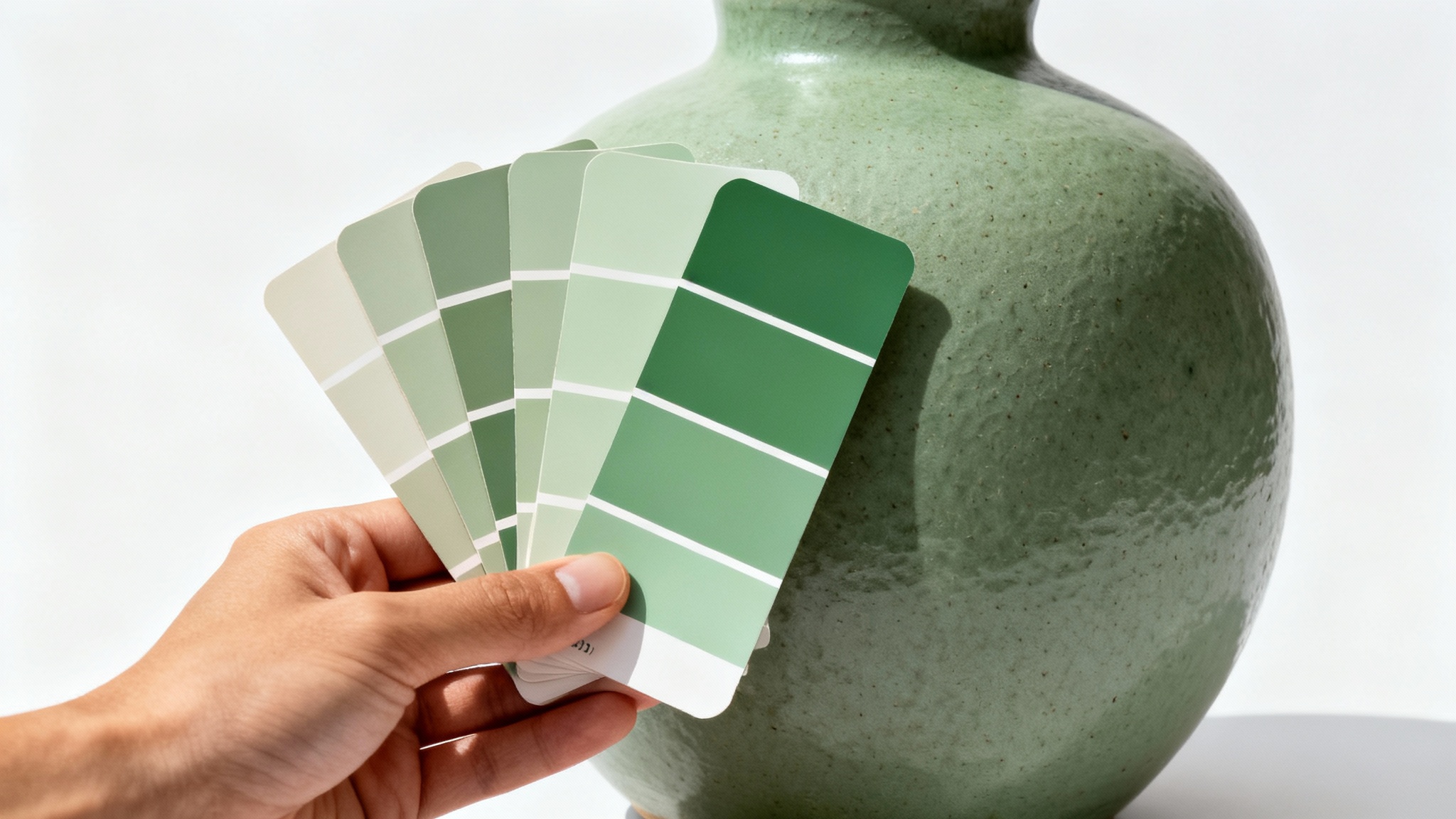 A hand holds several green paint swatches against a sage green ceramic vase, showing a perfect color match on a clean white background.