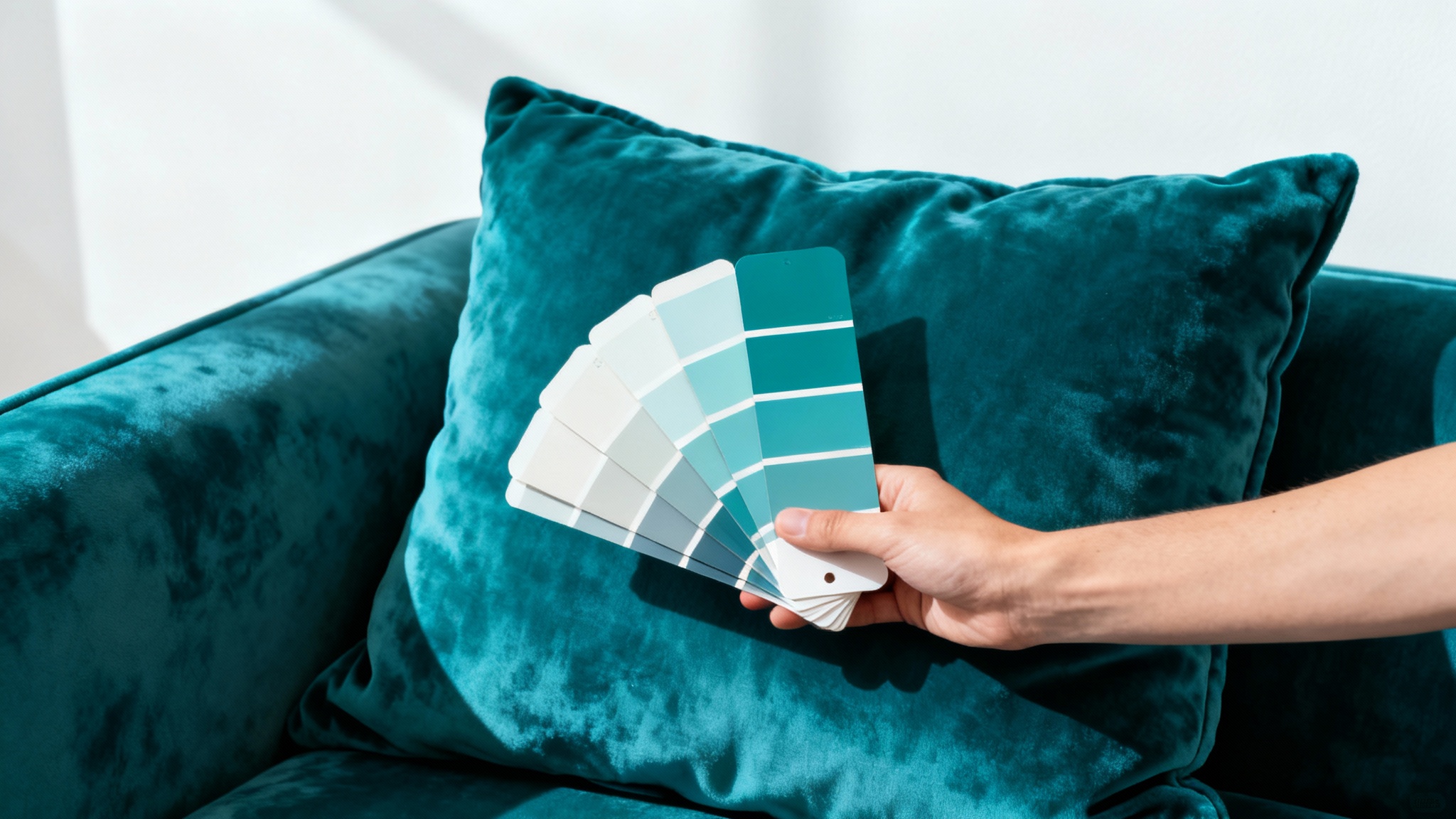 A close-up image showing a hand holding paint color swatches next to a deep teal velvet pillow, demonstrating a perfect color match for a home interior project.