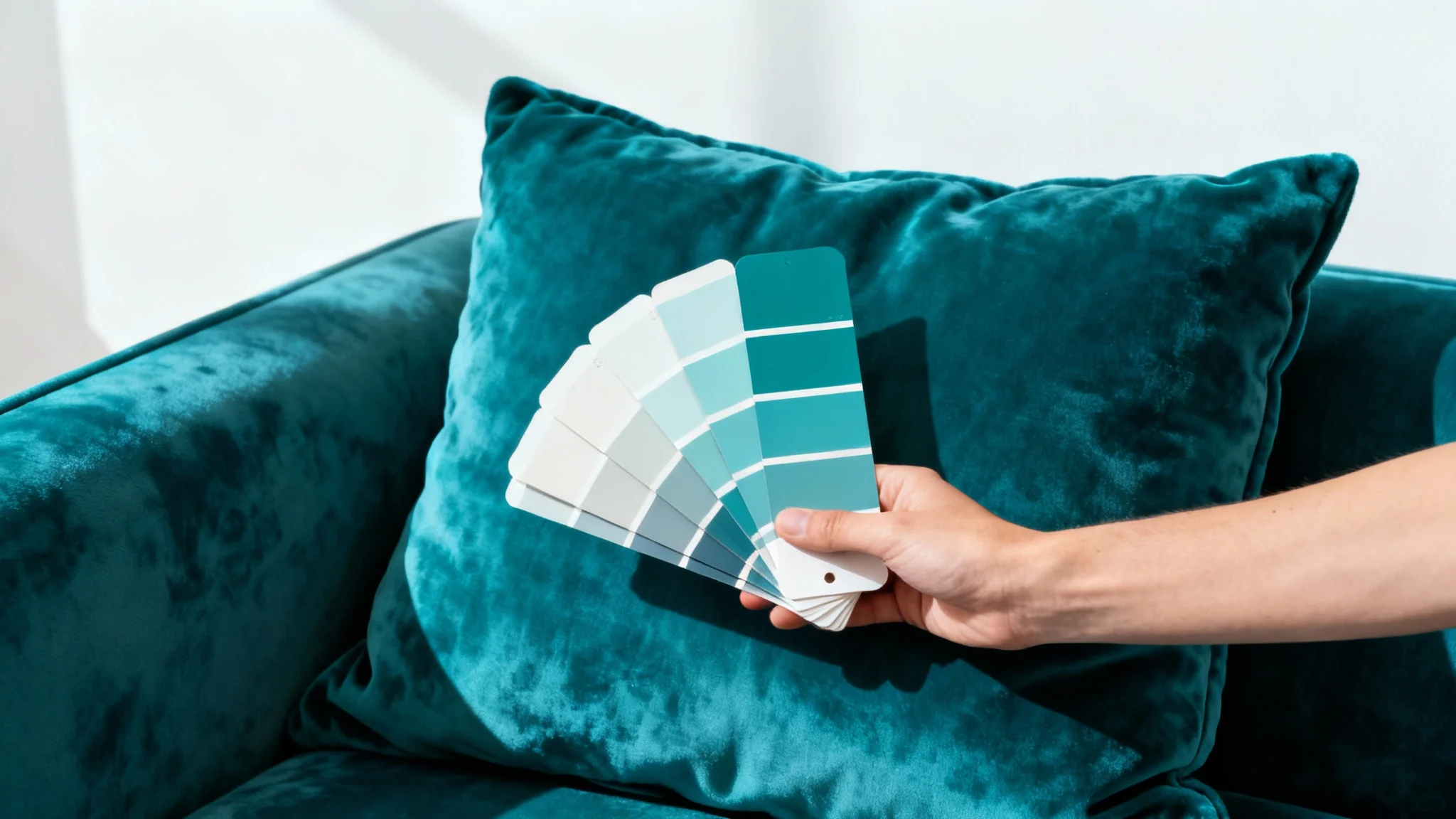 A close-up image showing a hand holding paint color swatches next to a deep teal velvet pillow, demonstrating a perfect color match for a home interior project.