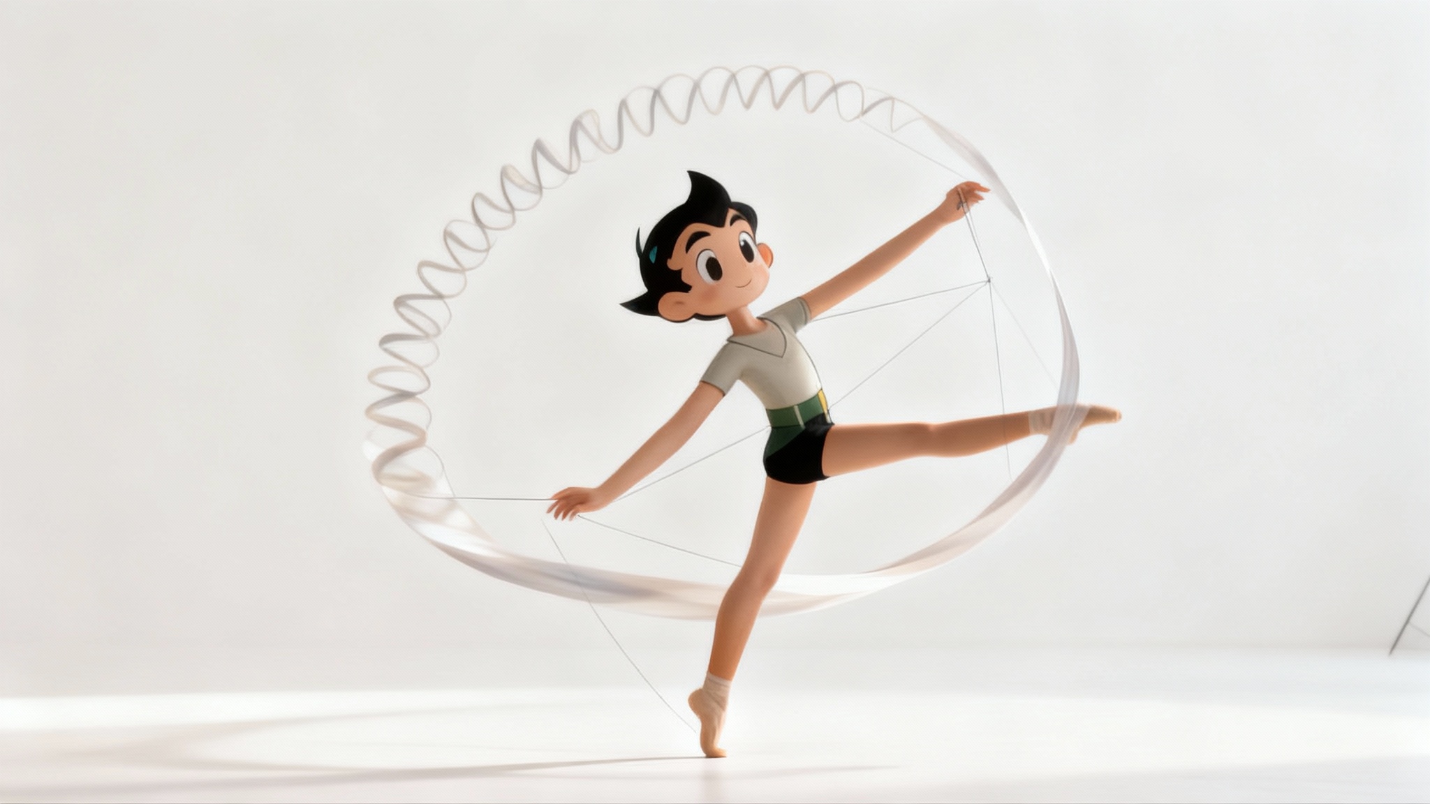 A stunning visual example of the puppet warp effect, showing a dancer whose body is artistically and impossibly stretched and curved into a graceful, surreal pose against a minimal background.