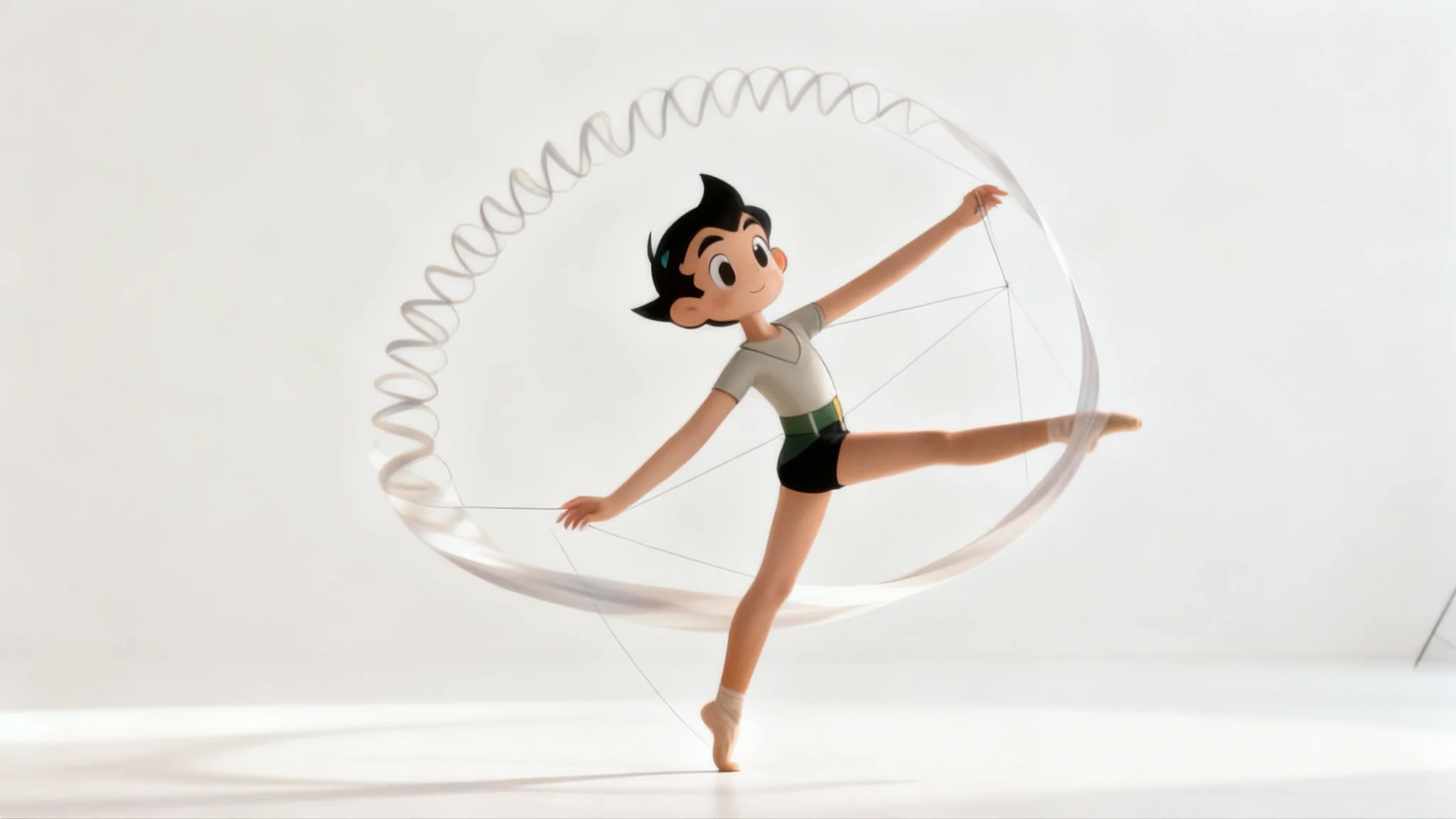 A stunning visual example of the puppet warp effect, showing a dancer whose body is artistically and impossibly stretched and curved into a graceful, surreal pose against a minimal background.