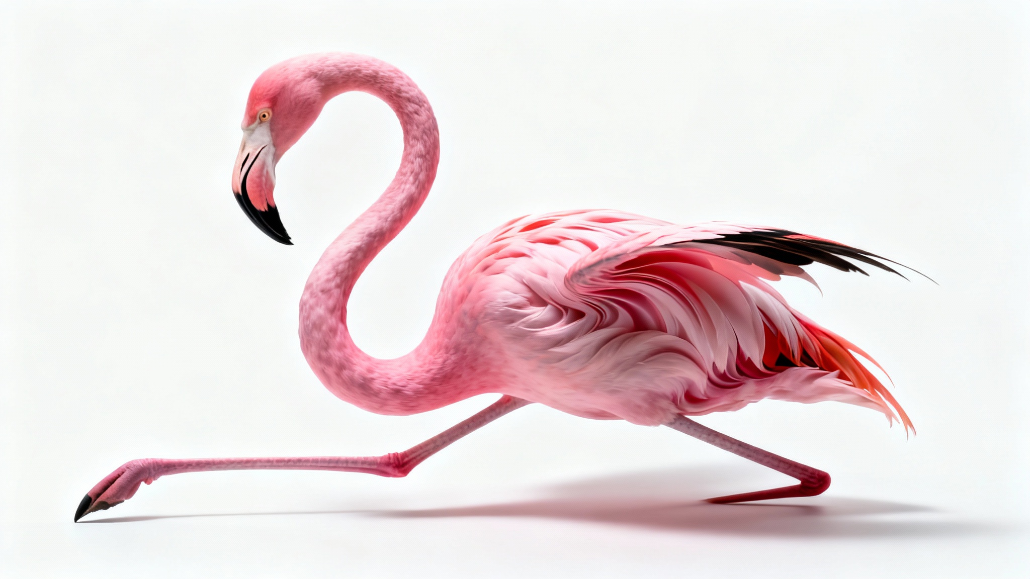 A photorealistic flamingo on a white background, its neck and leg twisted into a surreal, impossible shape, demonstrating a puppet warp effect.