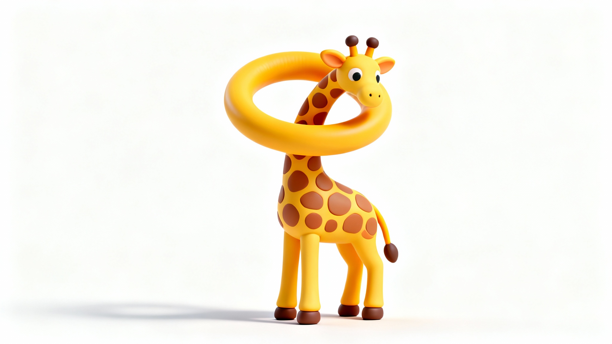 A 3D render of a stylized giraffe on a white background, its long neck impossibly tied in a smooth knot to illustrate the concept of puppet warp.