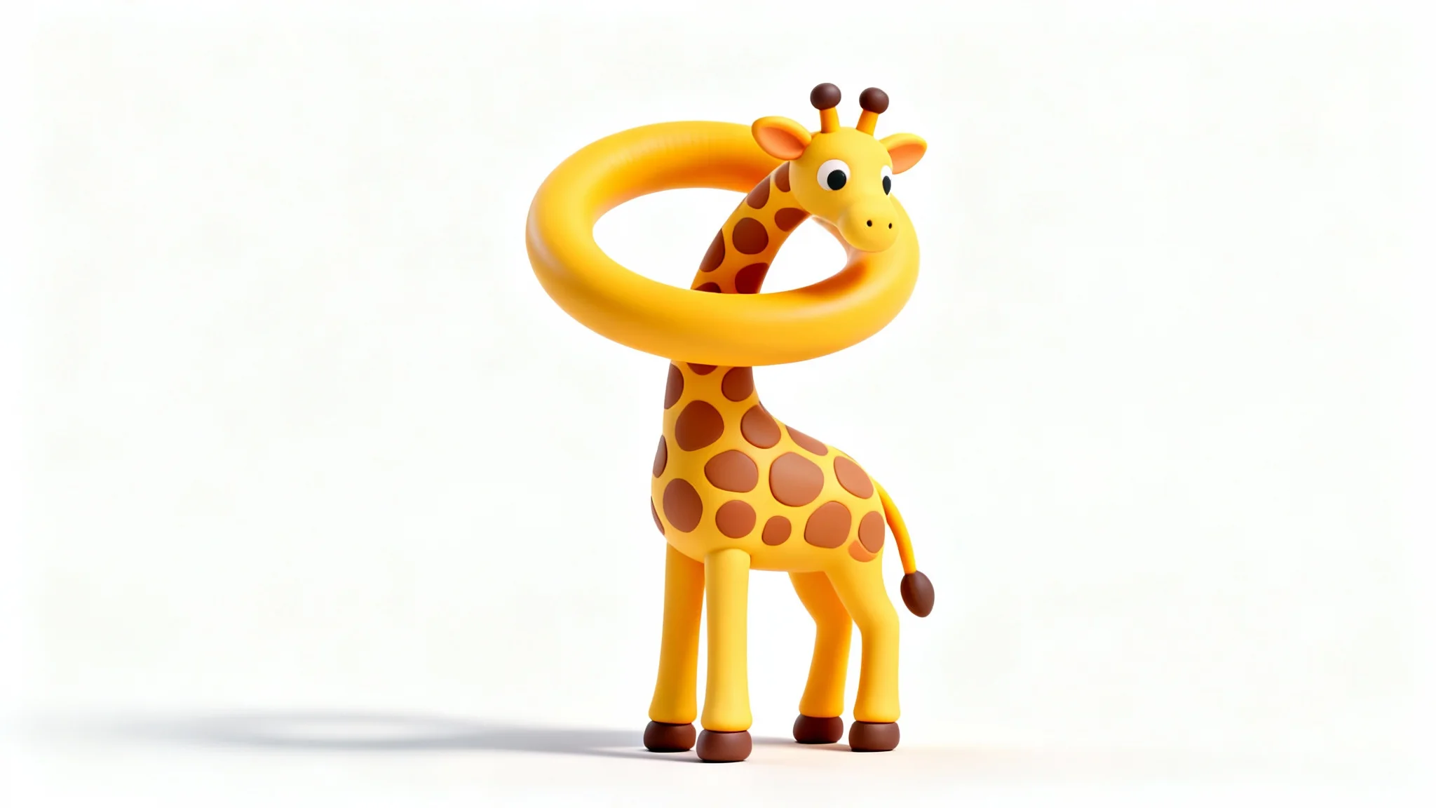 A 3D render of a stylized giraffe on a white background, its long neck impossibly tied in a smooth knot to illustrate the concept of puppet warp.