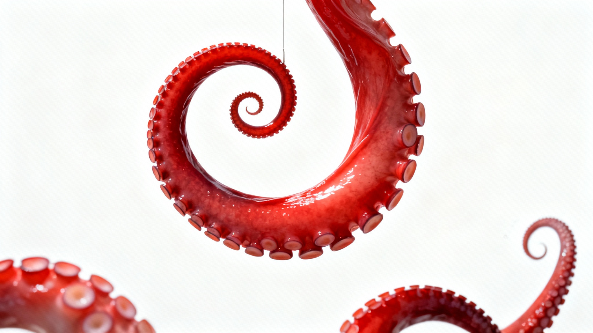 An octopus against a white background, with one of its tentacles twisted into a perfect, unnatural spiral, demonstrating the puppet warp effect.