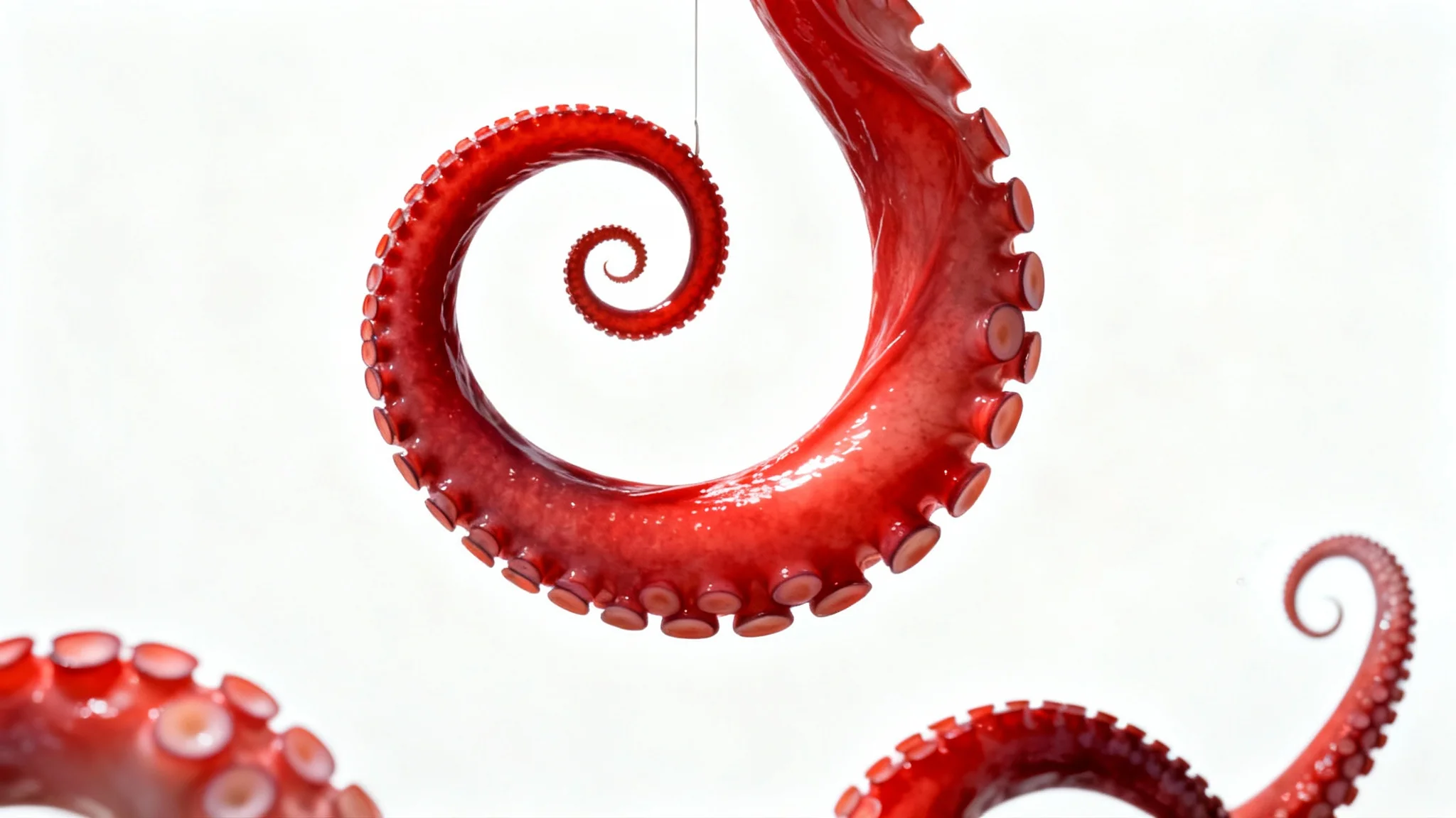 An octopus against a white background, with one of its tentacles twisted into a perfect, unnatural spiral, demonstrating the puppet warp effect.