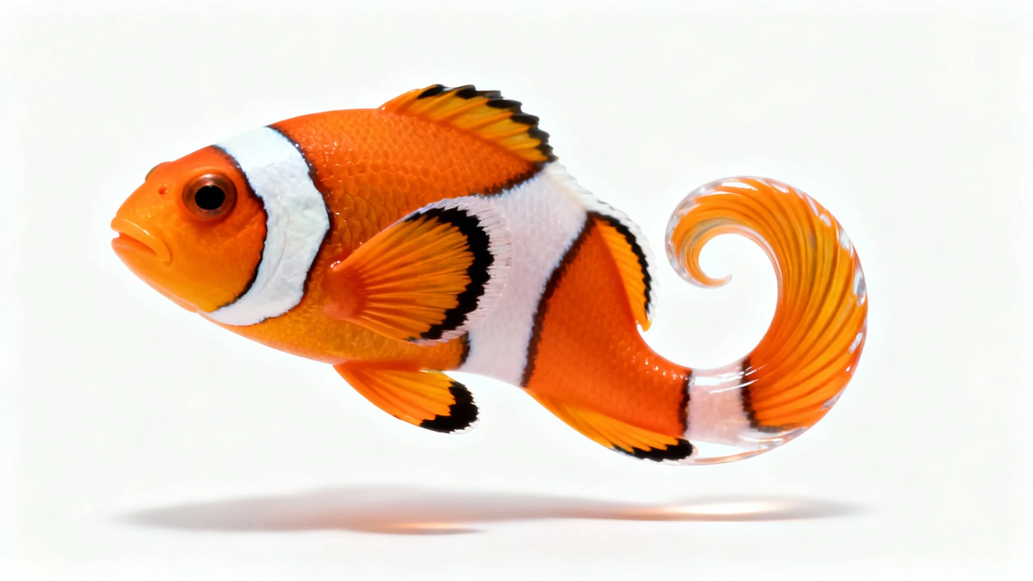A photorealistic image of a clownfish on a white background, its body impossibly bent into a smooth S-curve to illustrate a digital warping effect.