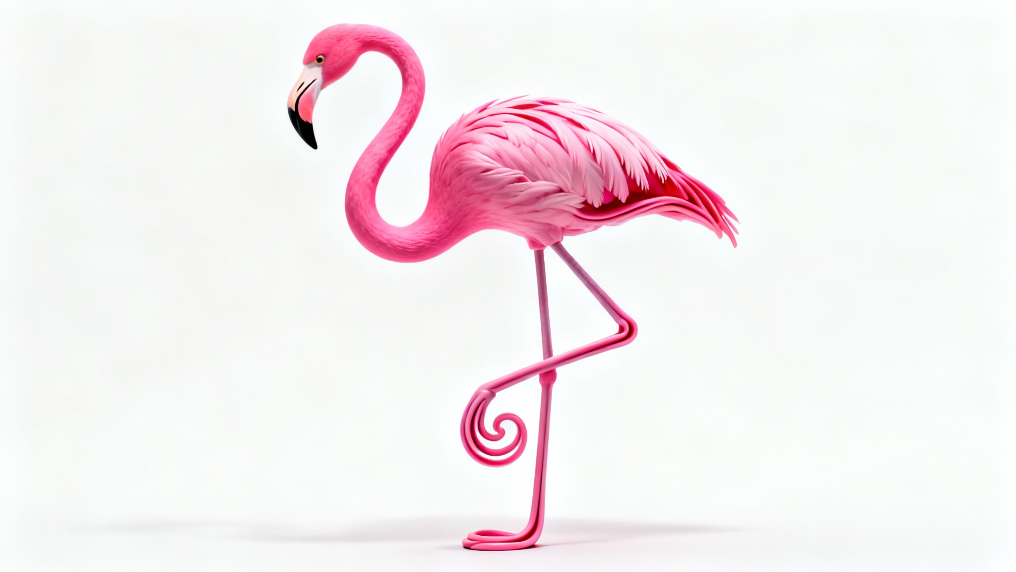 A photorealistic image of a pink flamingo on a white background, its neck and legs artistically and impossibly bent into smooth curves and spirals, demonstrating a puppet warp effect.