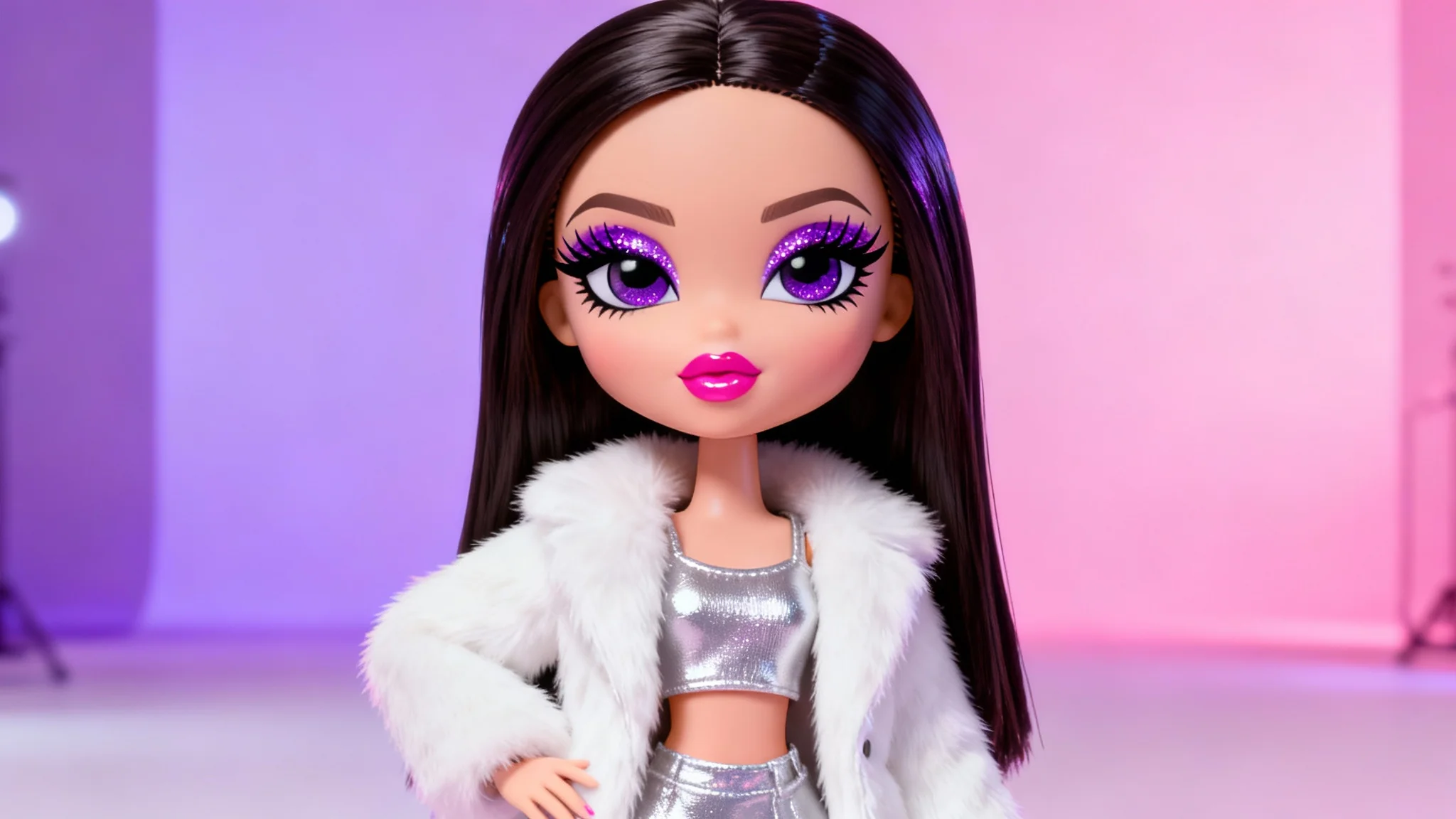 A digitally illustrated woman in the style of a Bratz doll, with large eyes, glossy lips, and a fashionable Y2K outfit, posing against a pink and purple background.