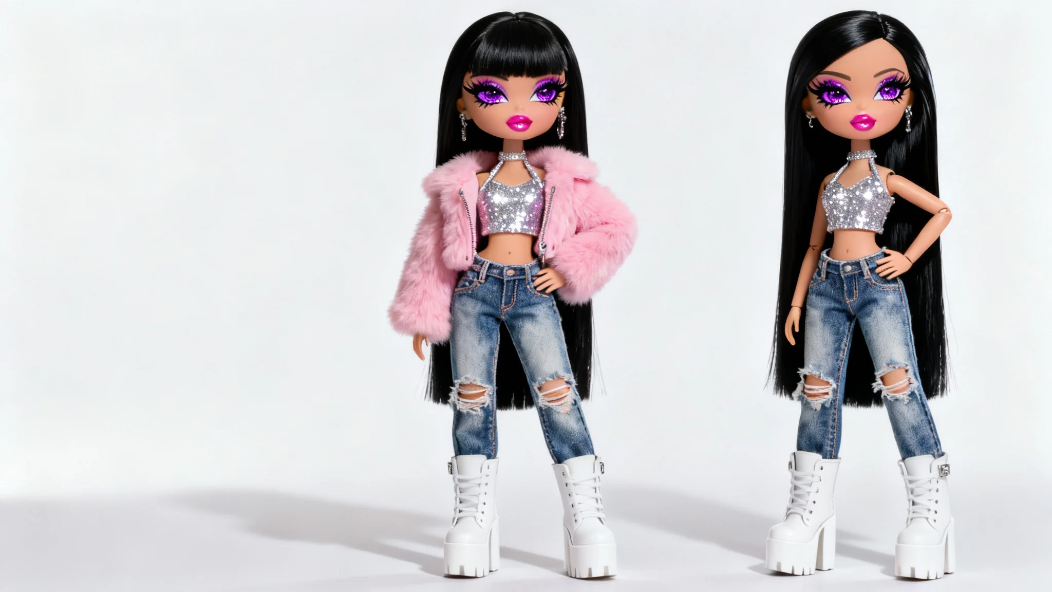 A photorealistic image of a Bratz-style doll with long black hair, wearing a pink fur jacket and denim jeans, posing confidently against a solid white background.