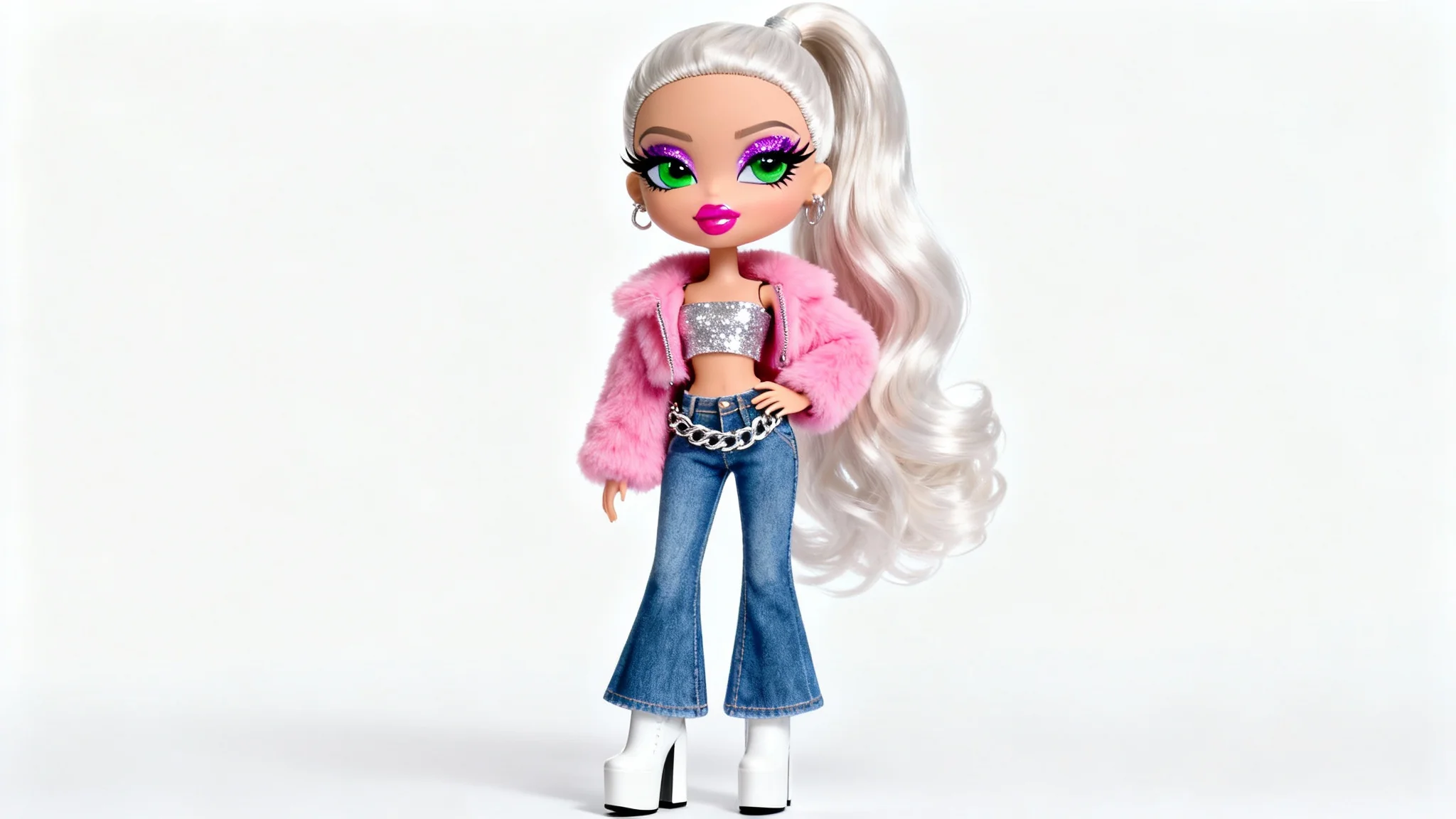 A hyper-realistic, 3D rendered Bratz-style doll with large green eyes and platinum blonde hair, posing confidently in a trendy Y2K outfit against a plain white background.