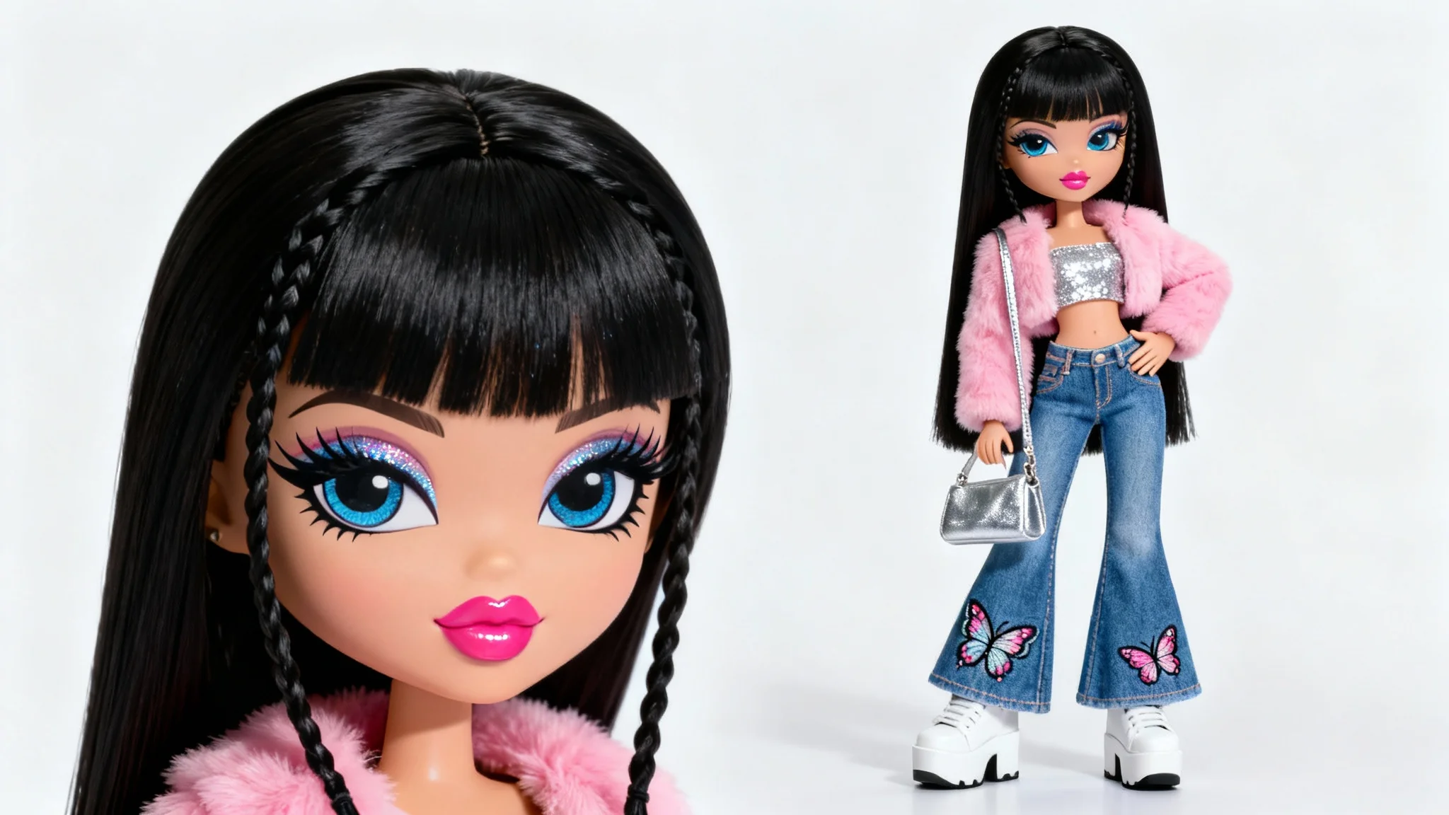A hyper-realistic, full-body image of a Bratz doll with black hair, wearing a pink fur jacket, sequin top, and flared jeans, posing confidently against a plain white background.