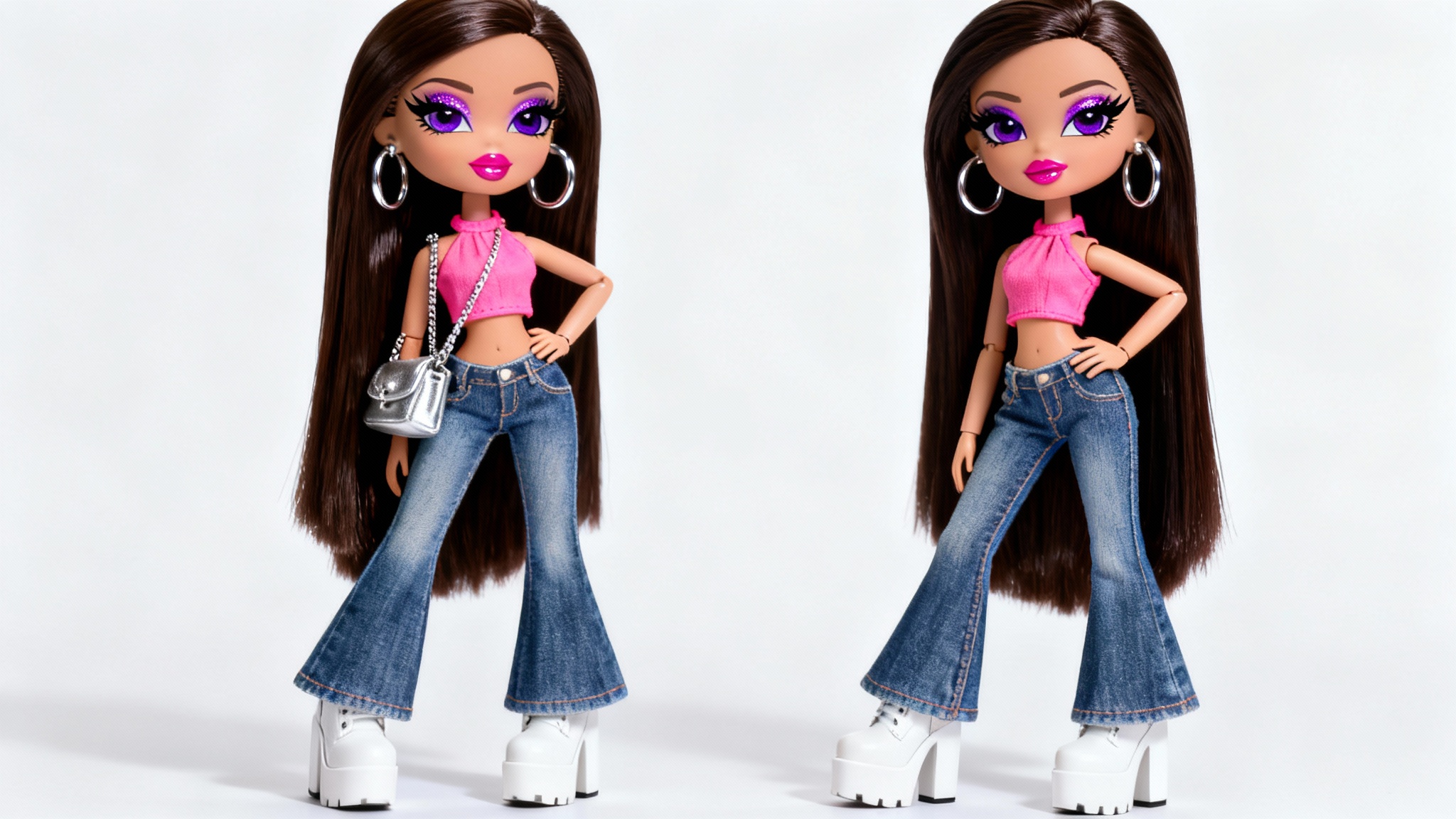 A photorealistic Bratz doll with long brown hair, wearing a pink top, low-rise jeans, and platform boots, posing against a white background.