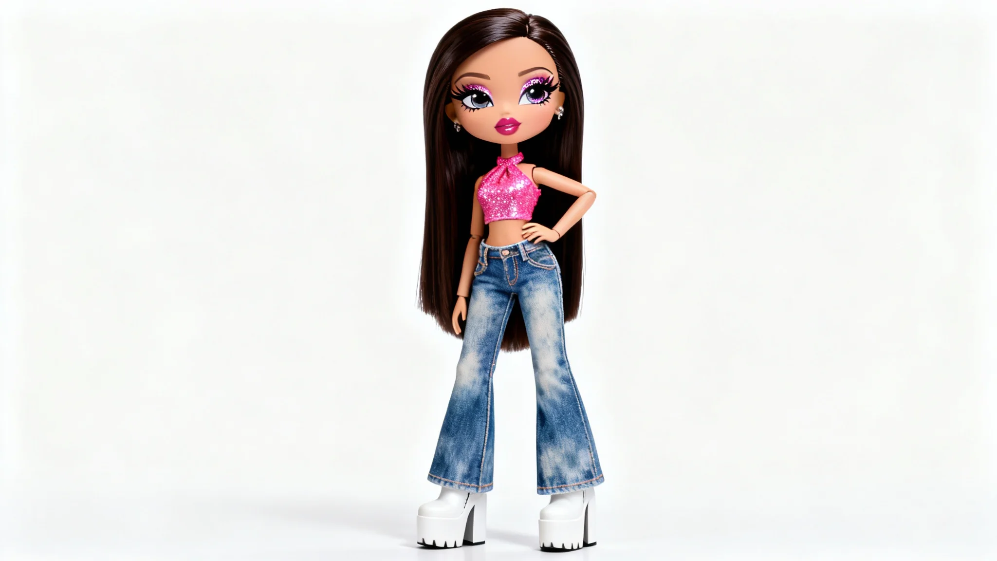 A photorealistic image of a Bratz-style fashion doll standing against a white background. The doll has large eyes, glossy lips, and is wearing a trendy Y2K outfit of a pink top, flared jeans, and platform boots.