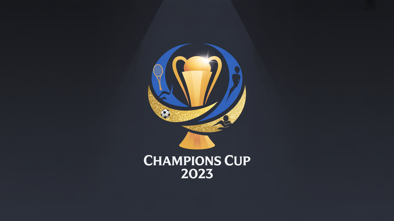 A professionally designed logo for the 'Champions Cup 2023' tournament, featuring a golden trophy with blue and gold swooshes containing sports icons, presented on a dark, premium background.