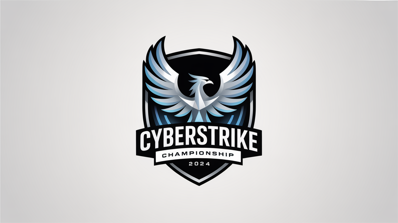 A modern esports tournament logo for the 'Cyberstrike Championship 2024', featuring a stylized silver and blue phoenix inside a shield on a white background.