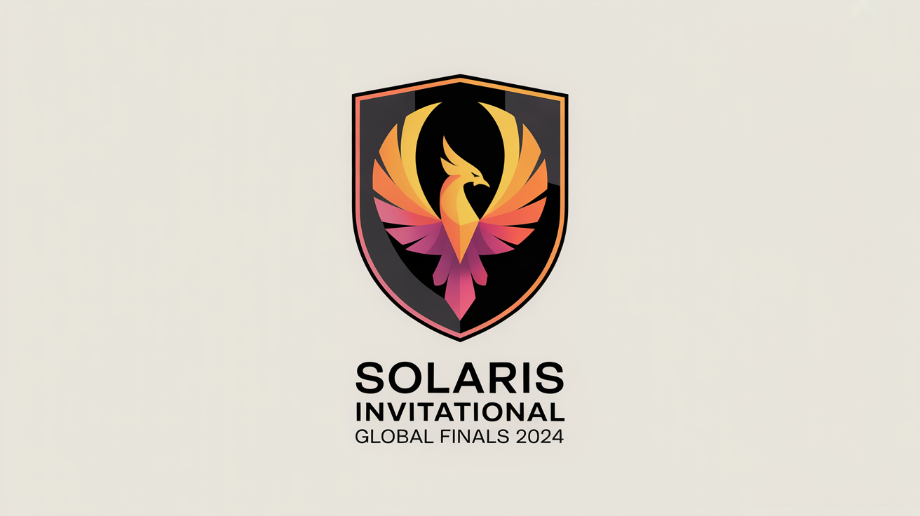 A professional gaming tournament logo for the 'Solaris Invitational Global Finals 2024', featuring a fiery geometric phoenix on a dark shield, shown on a clean white background.