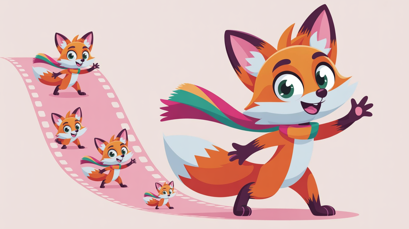 An eye-catching sequence of a 2D animated fox in various dynamic poses, such as running and jumping, demonstrating the final result of successful character rigging against a clean white background.