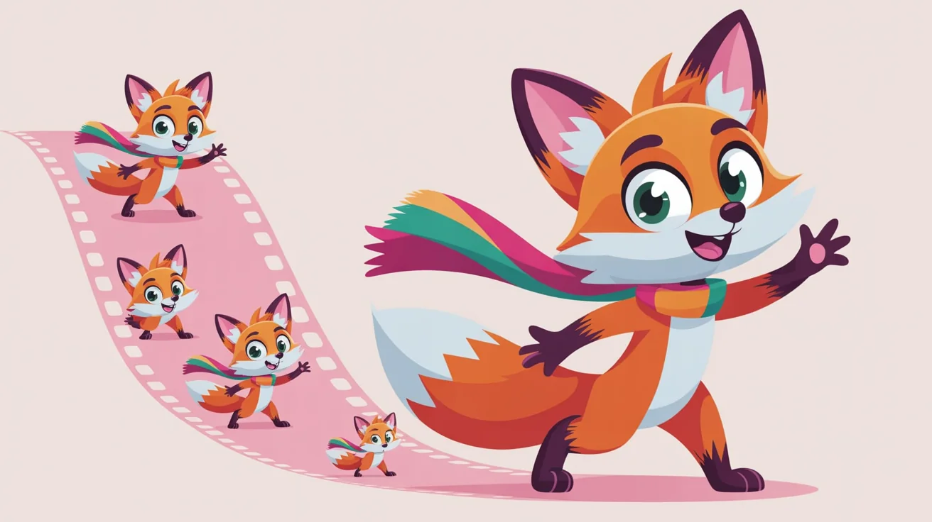 An eye-catching sequence of a 2D animated fox in various dynamic poses, such as running and jumping, demonstrating the final result of successful character rigging against a clean white background.
