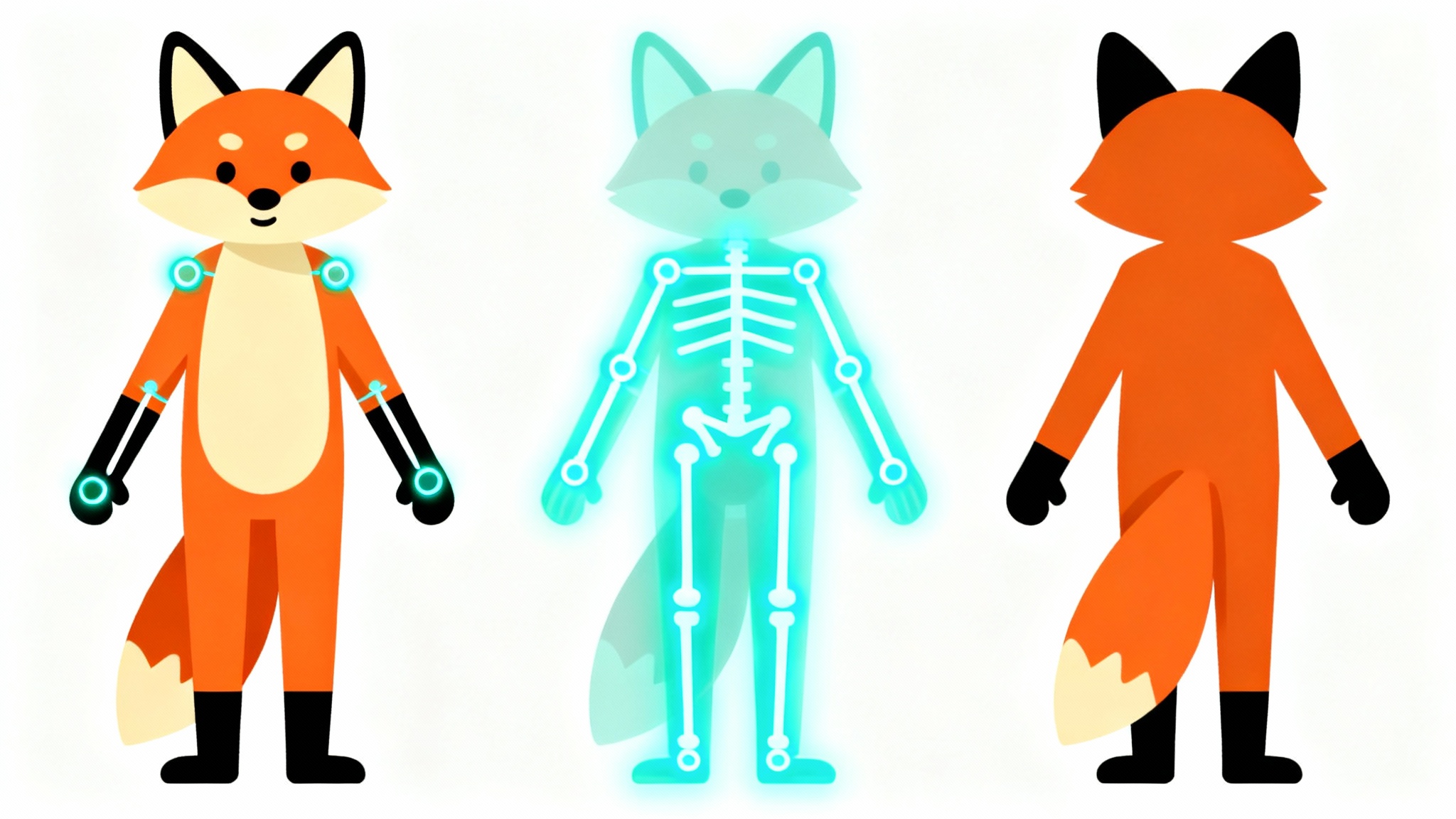 A 2D cartoon fox character is shown in a T-pose, with a glowing blue digital skeleton overlaid on its body to illustrate the concept of 2D character rigging.