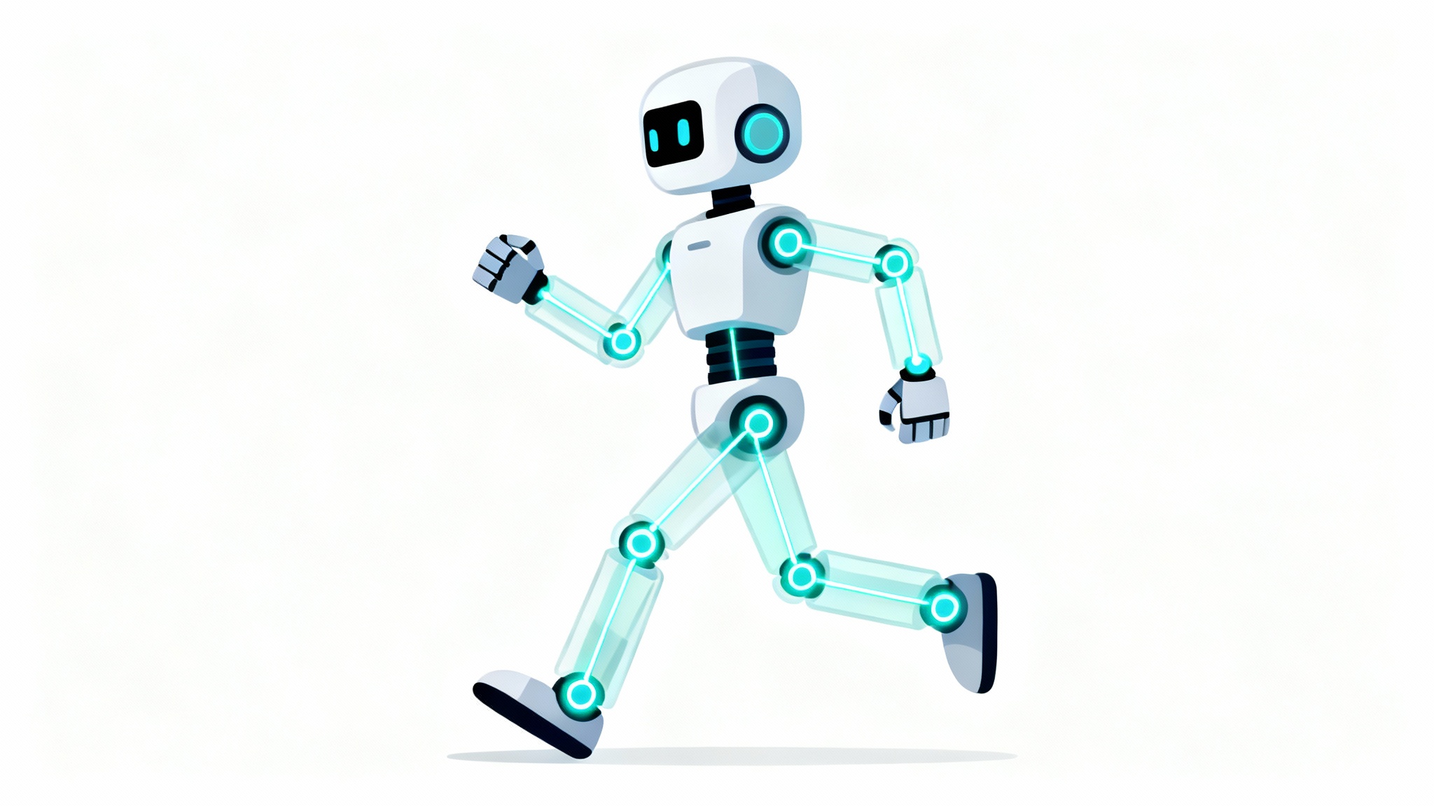 A 2D cartoon robot shown in a dynamic pose, with a visible digital skeleton or 'rig' overlaid, illustrating the pivot points and structure used for character animation.