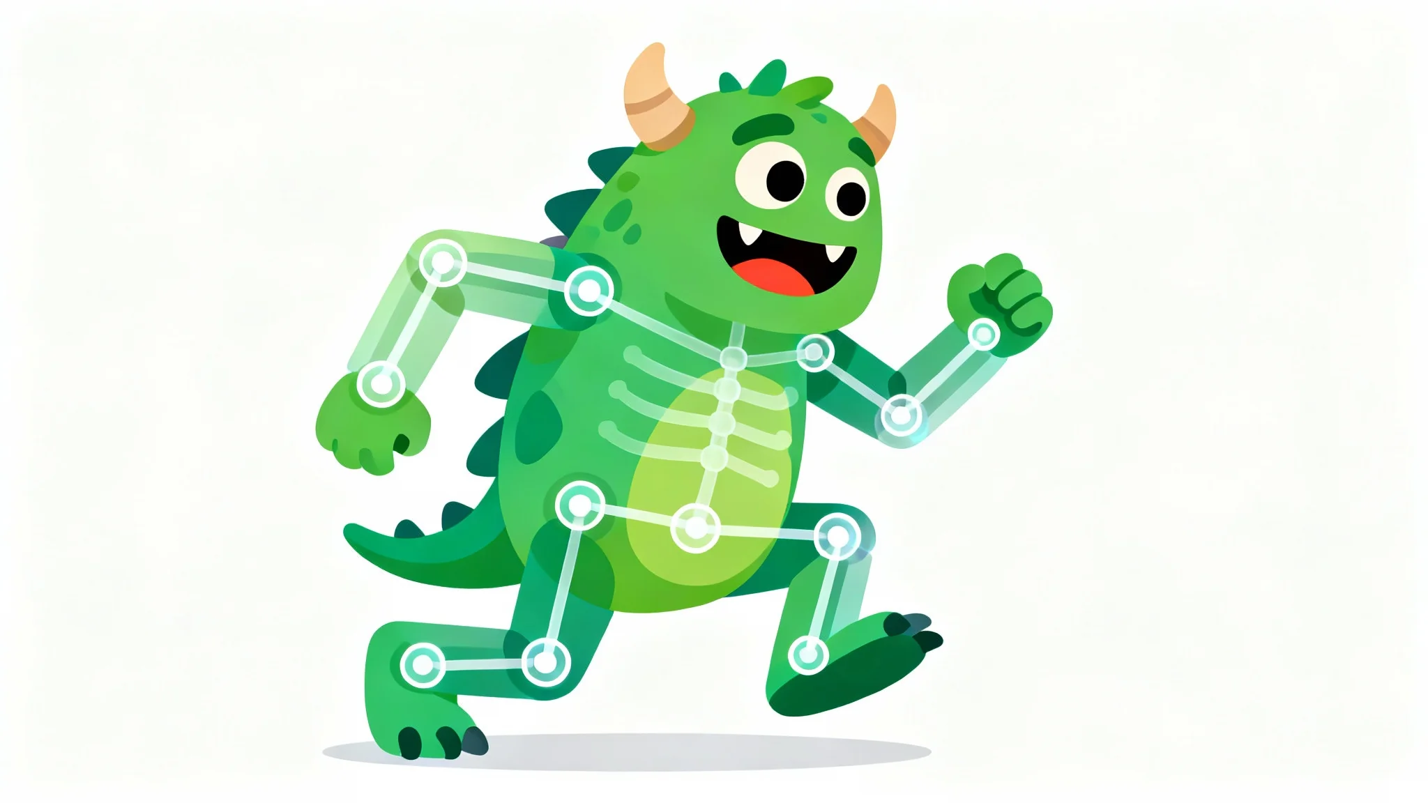 A stylized cartoon monster in a dynamic pose against a white background. A digital rig, composed of lines and circles, is overlaid on the character, illustrating the concept of 2D character rigging for animation.