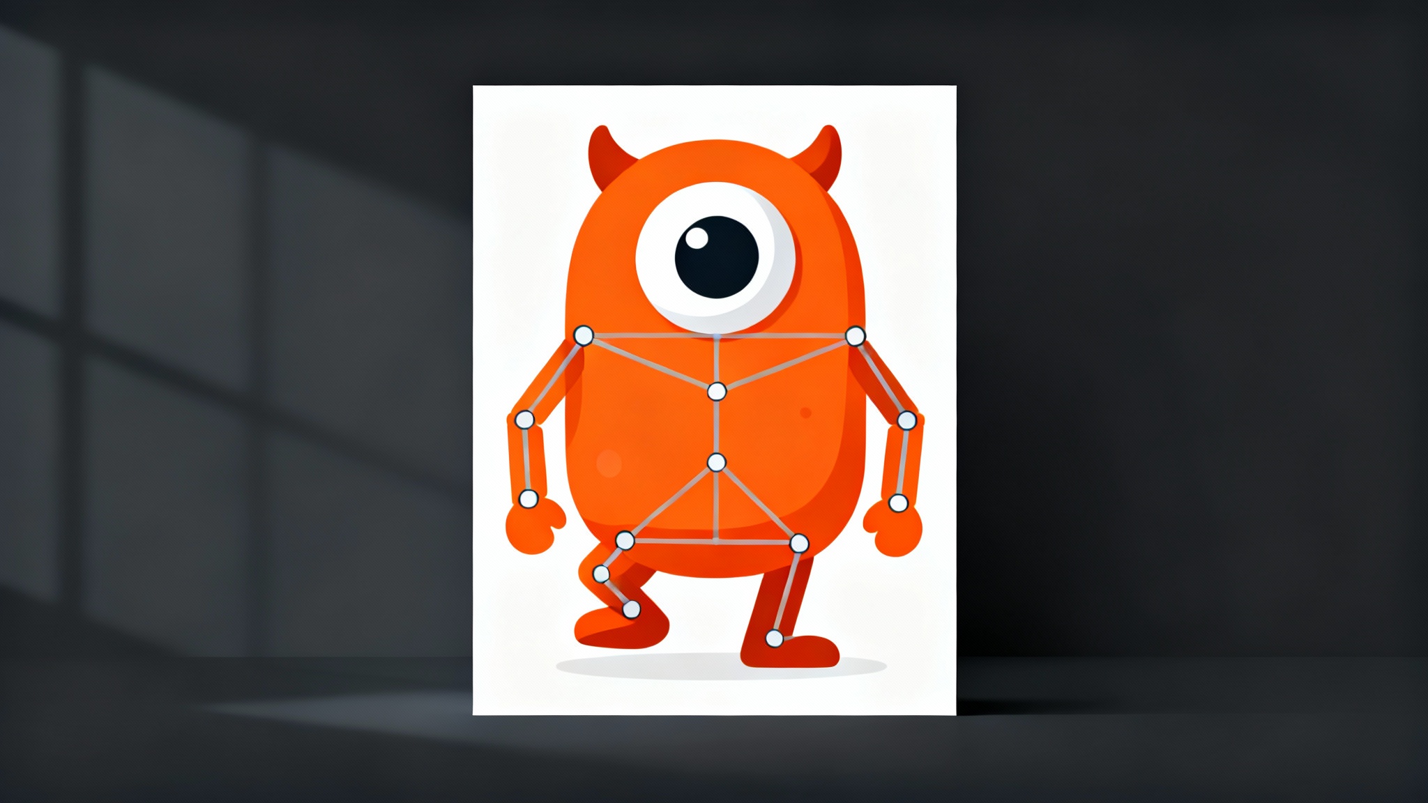A 2D cartoon illustration of a friendly orange monster with a visible skeletal rig overlaid, demonstrating the concept of 2D character rigging for animation.