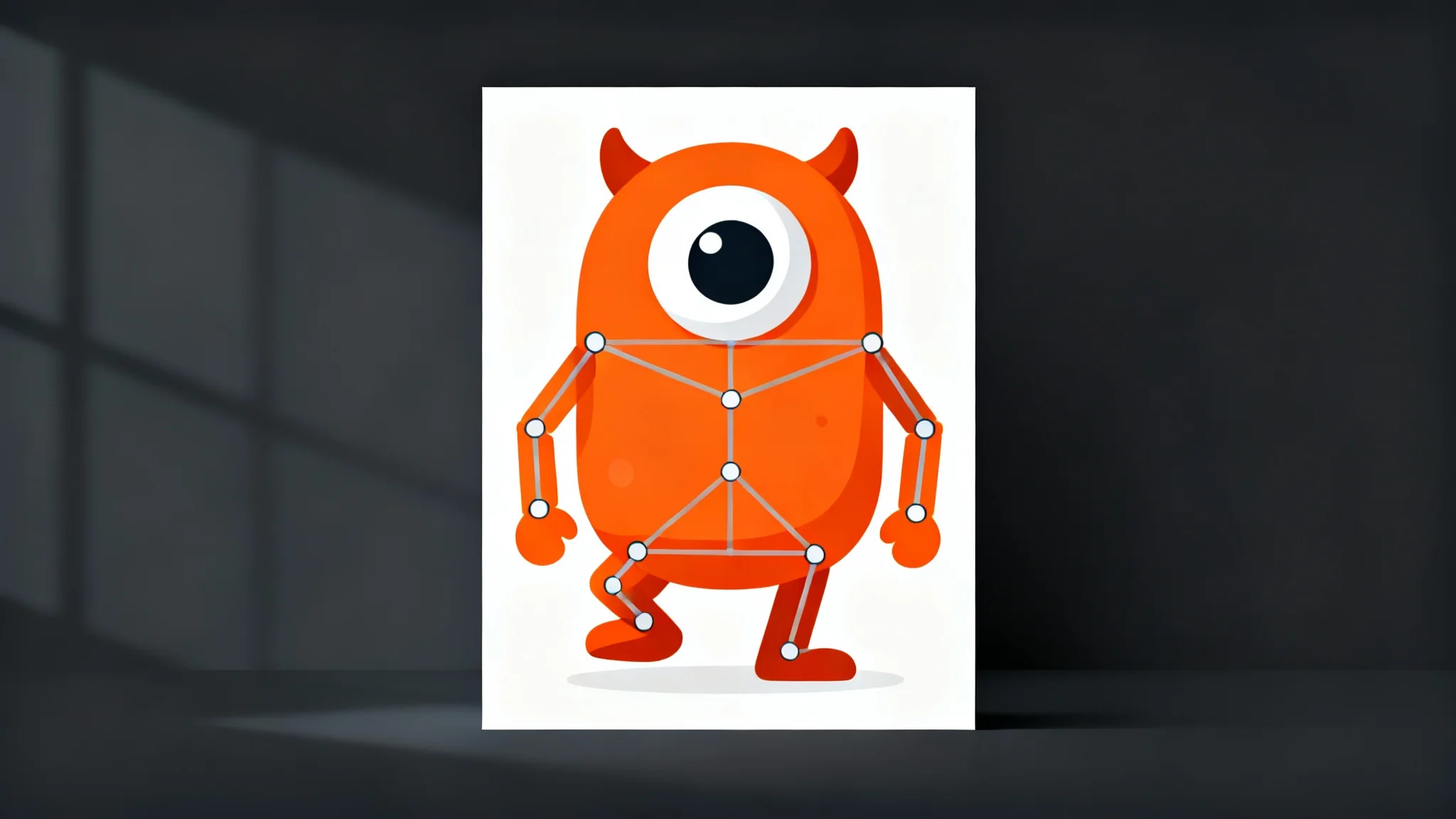 A 2D cartoon illustration of a friendly orange monster with a visible skeletal rig overlaid, demonstrating the concept of 2D character rigging for animation.