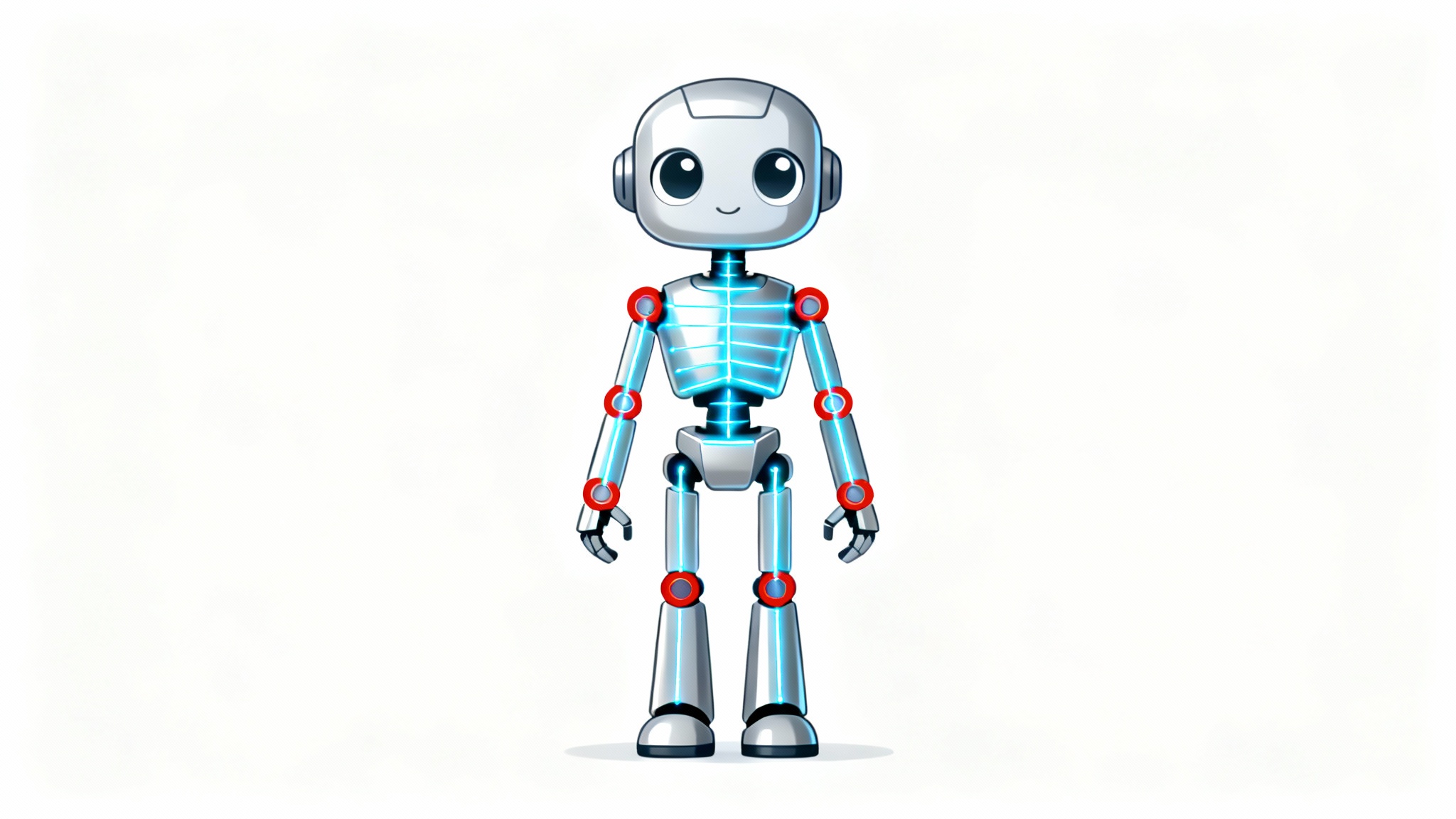 A 2D cartoon robot in a T-pose with a visible digital skeleton rig overlaid, demonstrating the process of 2D character rigging for animation.