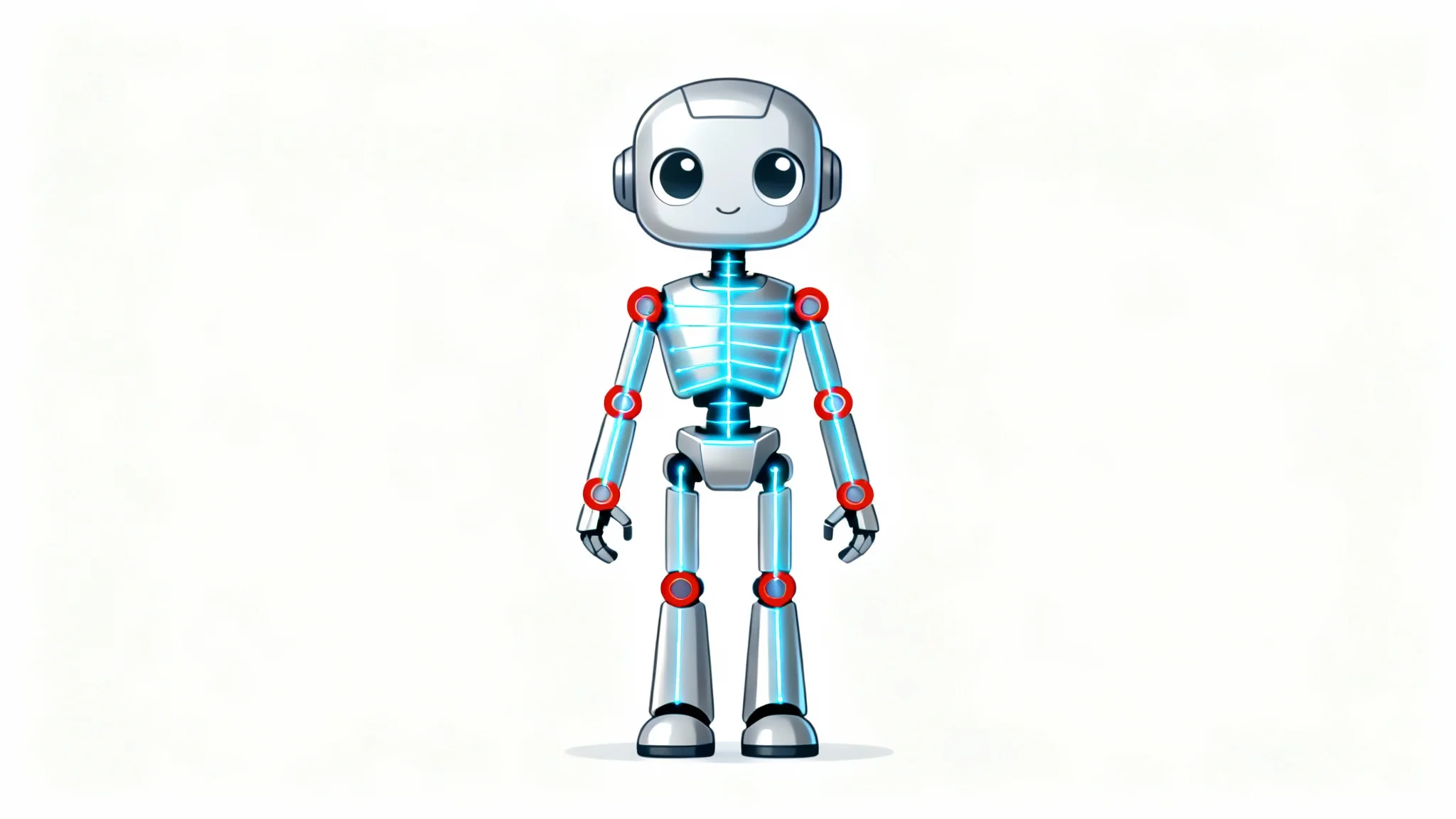 A 2D cartoon robot in a T-pose with a visible digital skeleton rig overlaid, demonstrating the process of 2D character rigging for animation.