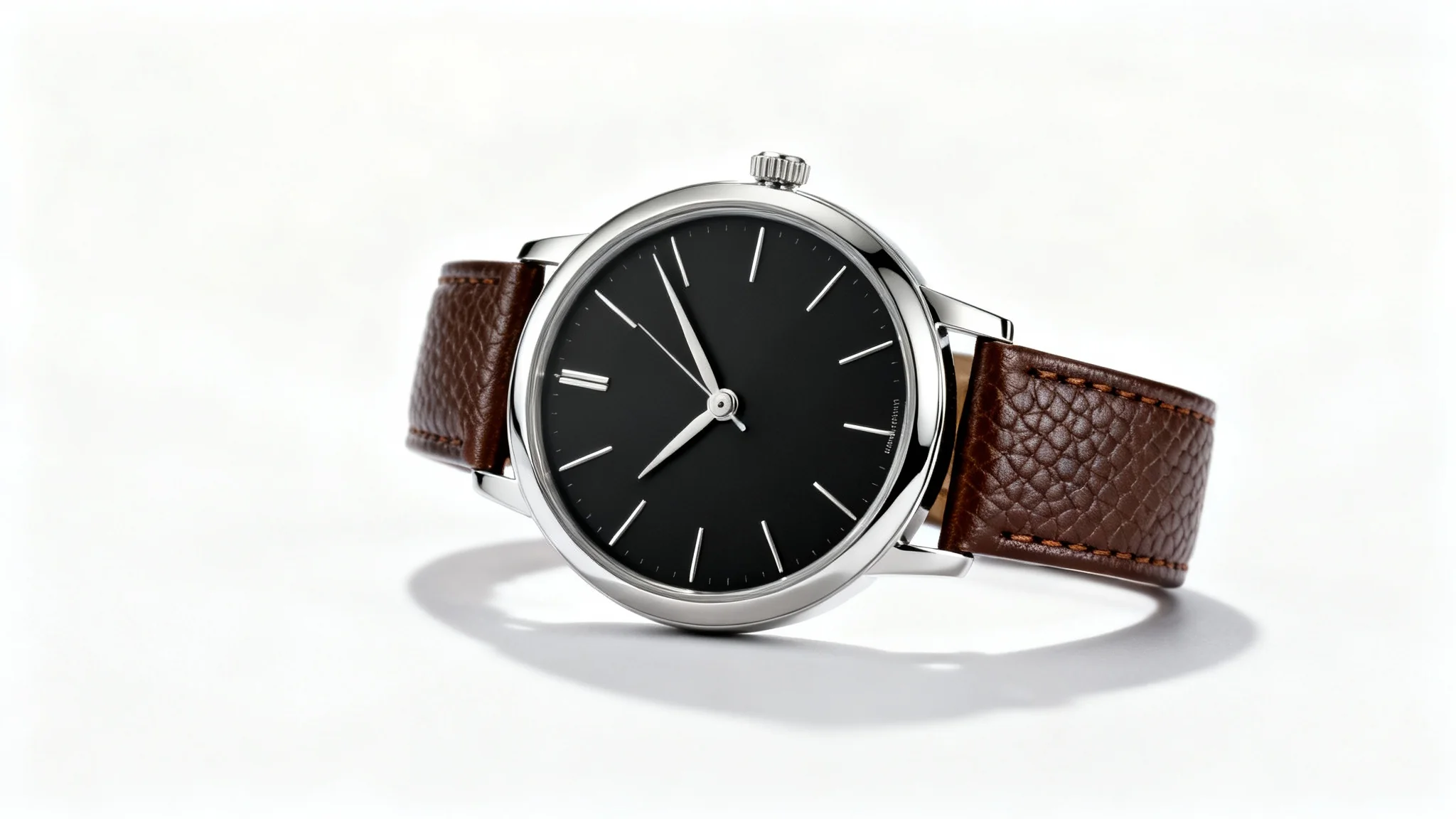 A professional product photograph of a luxury watch with a black dial and brown leather strap, angled on a clean white background to showcase its design and materials.