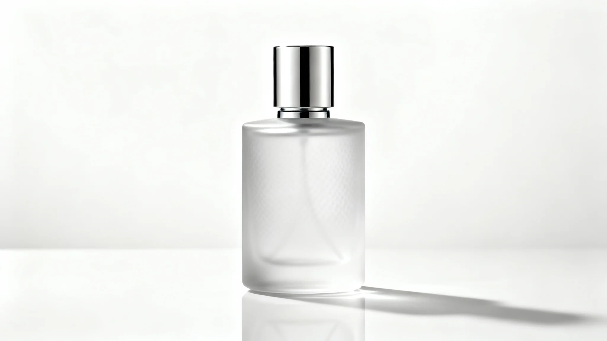 A professional product photograph of a luxury perfume bottle with a silver cap, set against a seamless white studio background, showcasing clean lighting and reflections.