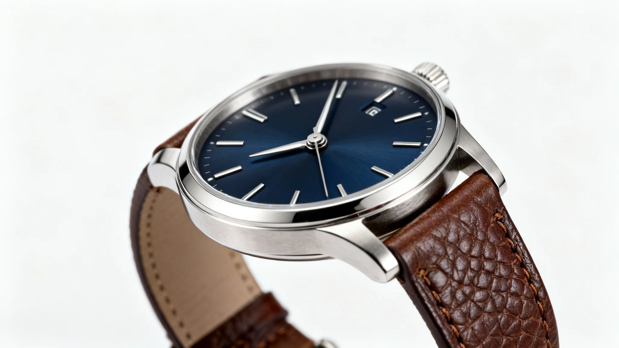 A professional product photograph of a luxury wristwatch with a navy blue face and brown leather strap, shot in a studio against a clean white background.