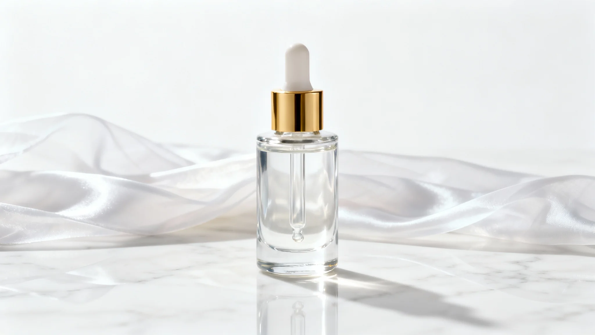 A professional product photograph of a luxury skincare serum bottle displayed elegantly on a white marble surface against a clean white background, showcasing a high-end and minimalist aesthetic.