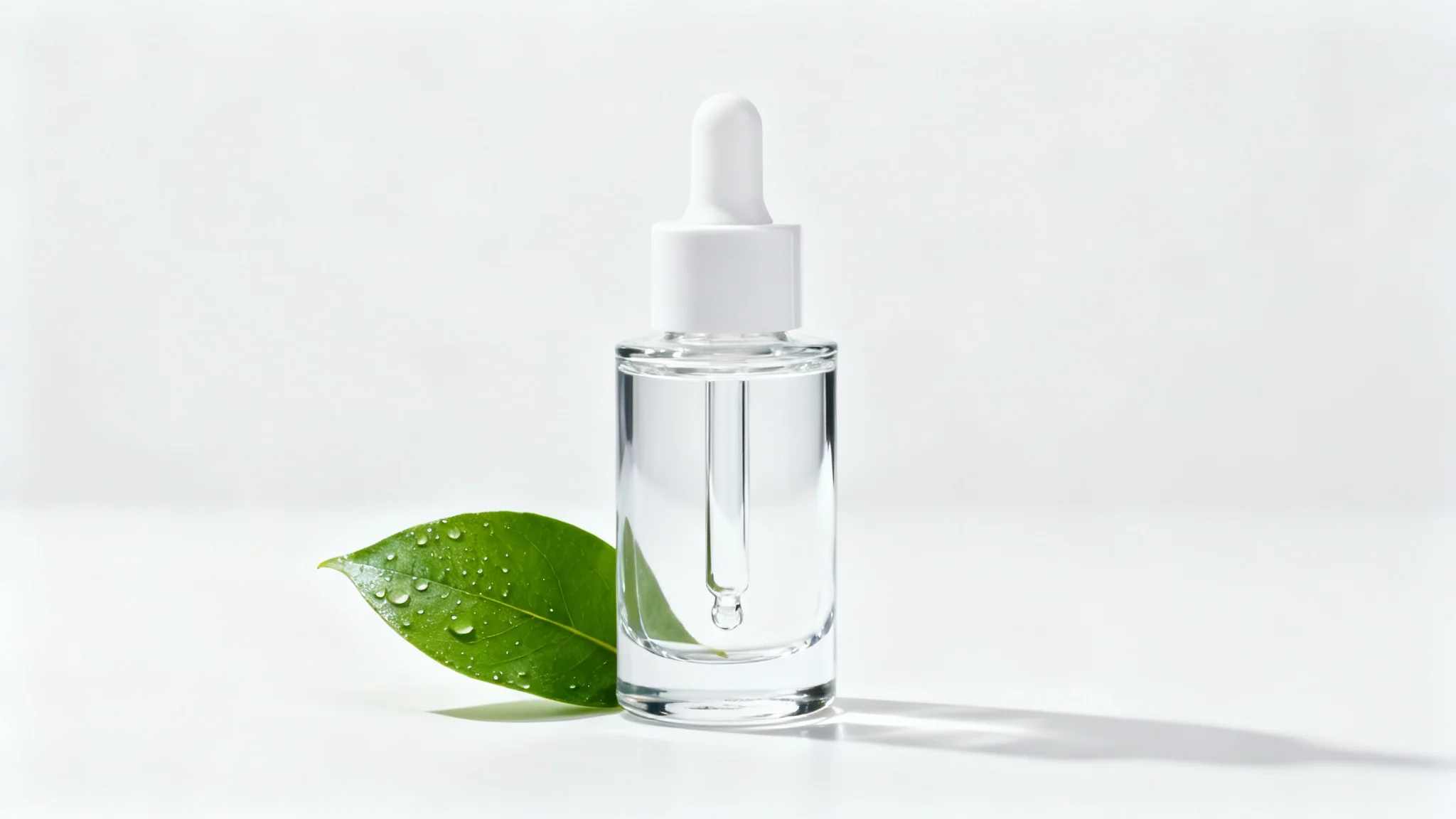 A professional product photograph of a glass serum bottle with a white dropper, placed next to a single green leaf on a clean white background, showcasing high-end commercial photography.