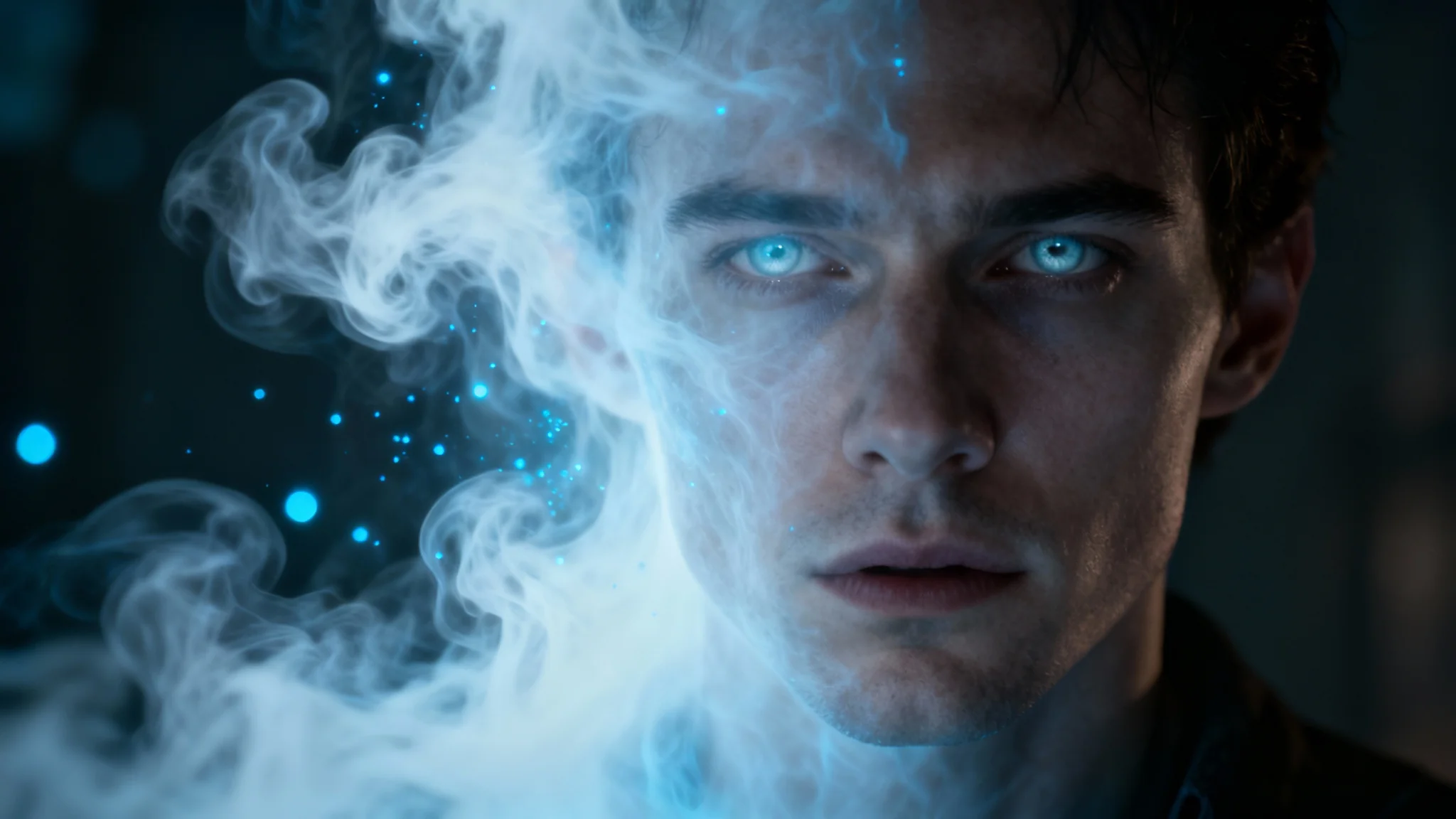 A dramatic hero image showing a close-up of a face transforming into a ghost. The left side is solid, while the right side is transparent and breaking apart into glowing, smoky wisps.