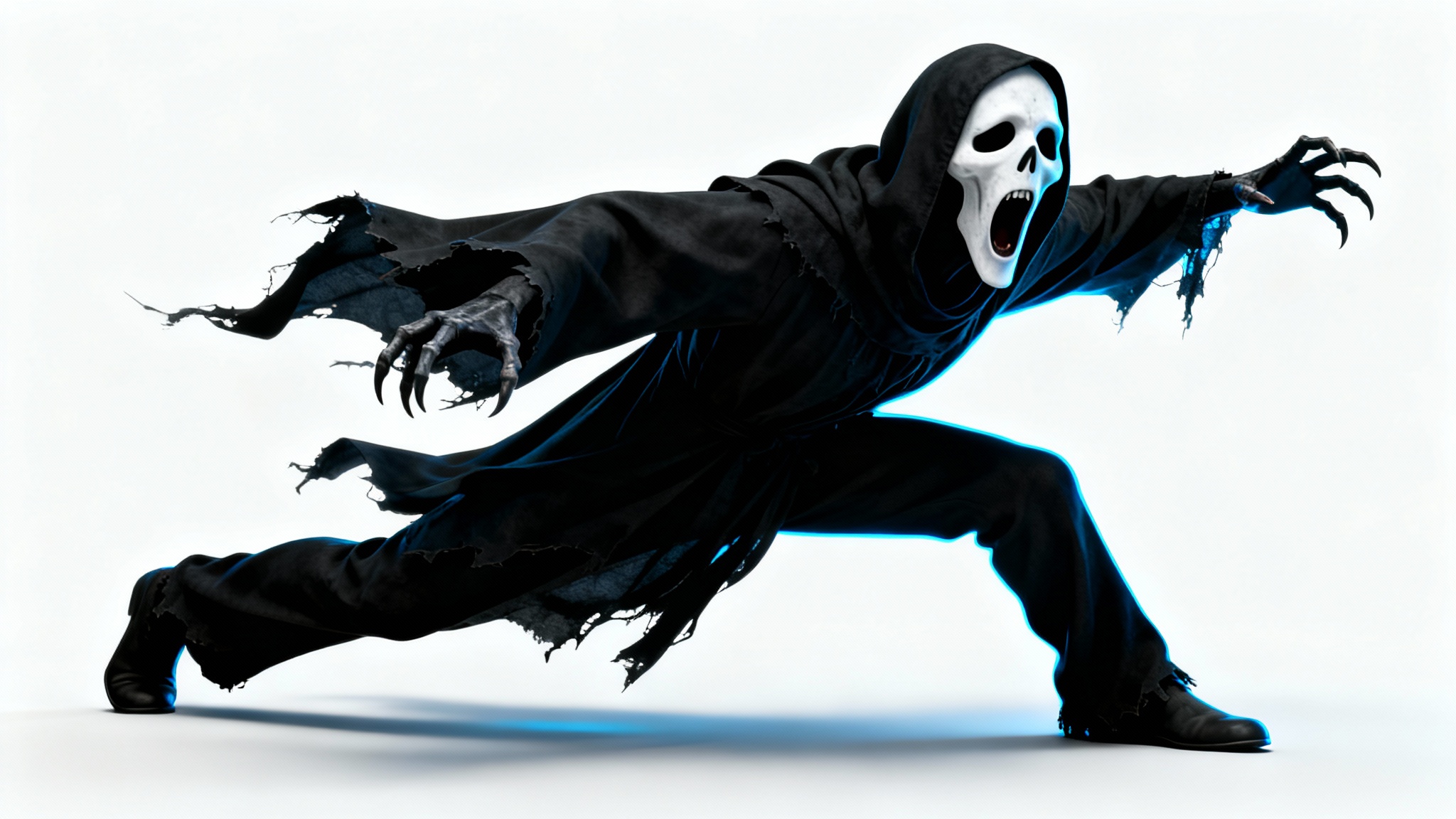 A 3D animated character of the Ghostface figure, wearing a black robe and screaming mask, lunging forward against a plain white background.