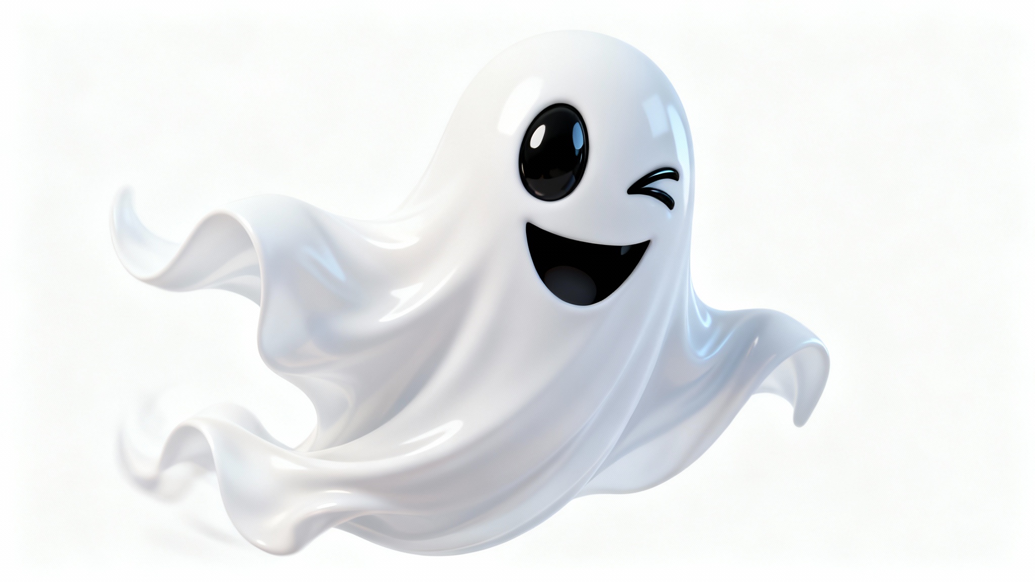 A 3D animated white sheet ghost winking playfully, depicted in a modern, stylized digital art form against a white background.