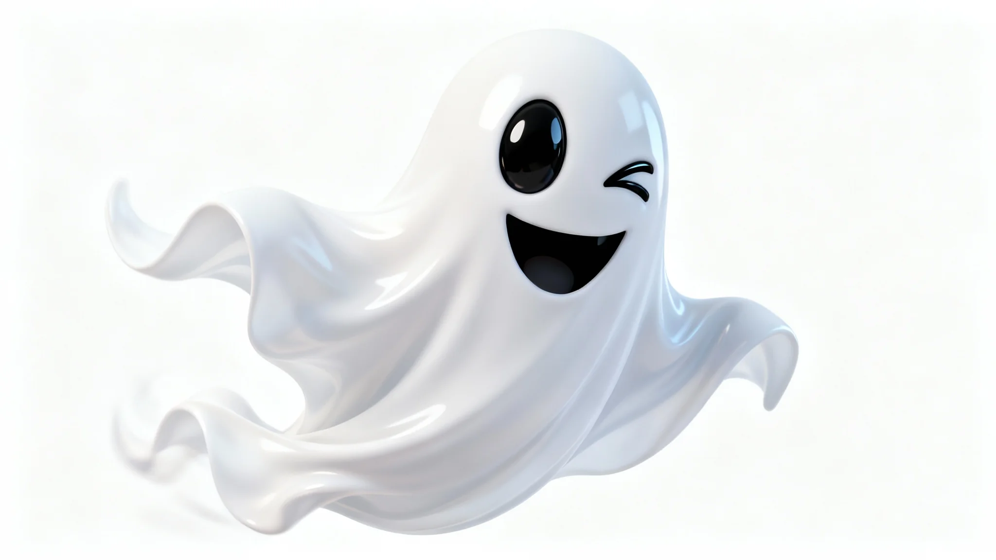 A 3D animated white sheet ghost winking playfully, depicted in a modern, stylized digital art form against a white background.