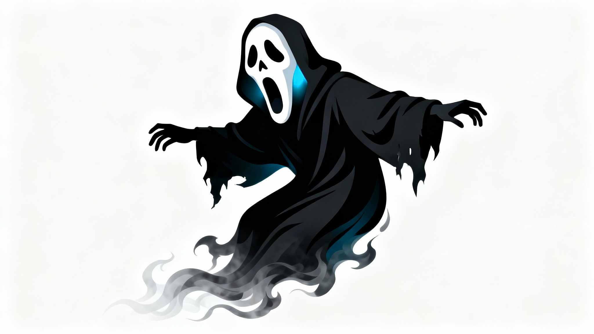 An animated illustration of a cartoon ghost with a screaming face mask and a black, tattered robe, floating against a white background.