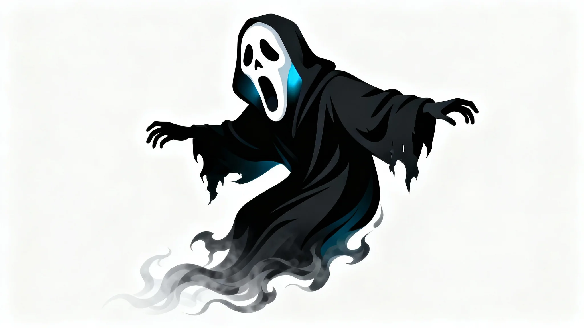 An animated illustration of a cartoon ghost with a screaming face mask and a black, tattered robe, floating against a white background.