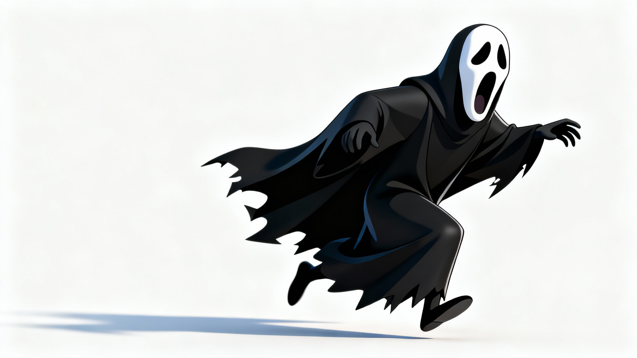 An animated still of the Ghostface character lunging forward. The character is shown in a stylized, cel-shaded animation against a plain white background, creating a spooky and dynamic visual.