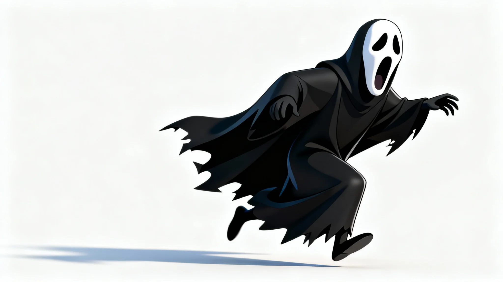 An animated still of the Ghostface character lunging forward. The character is shown in a stylized, cel-shaded animation against a plain white background, creating a spooky and dynamic visual.