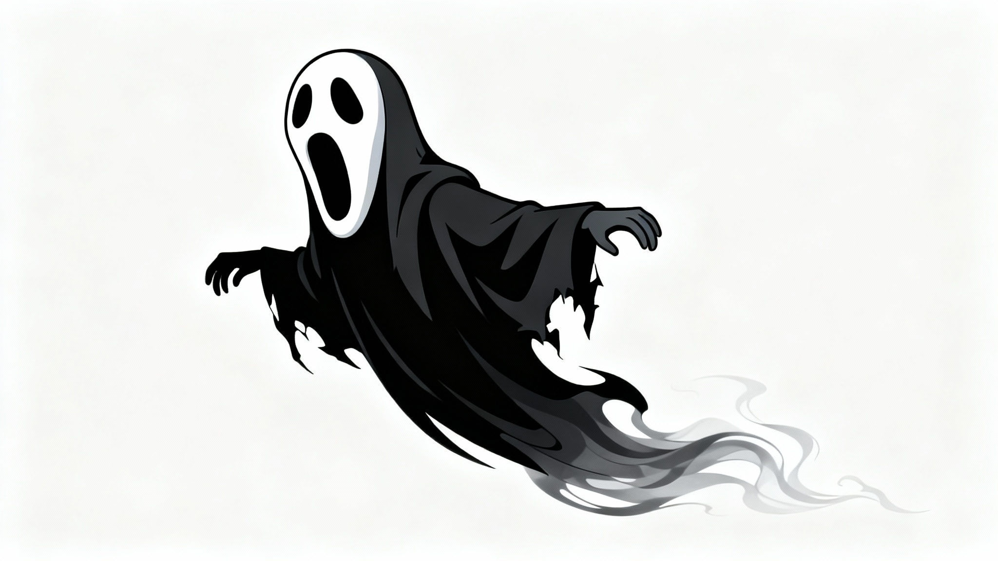 An animated-style illustration of a ghost with a screaming white mask face and a tattered black robe, shown in motion against a plain white background.