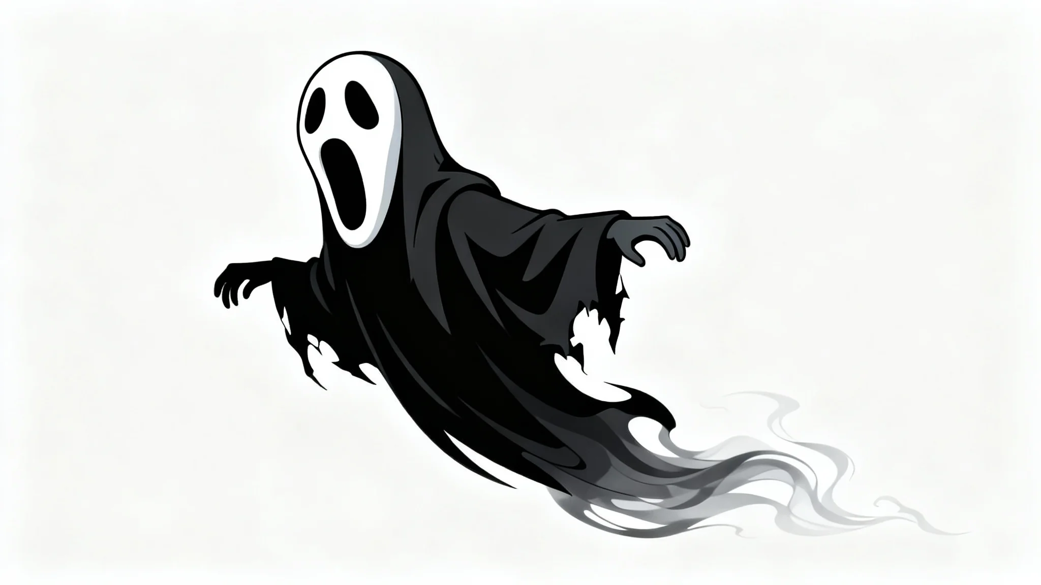 An animated-style illustration of a ghost with a screaming white mask face and a tattered black robe, shown in motion against a plain white background.