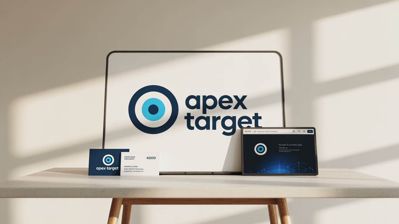 A professional branding presentation for a company named 'Apex Target', featuring a modern bullseye logo in navy blue and cyan on a business card and screen mockup.