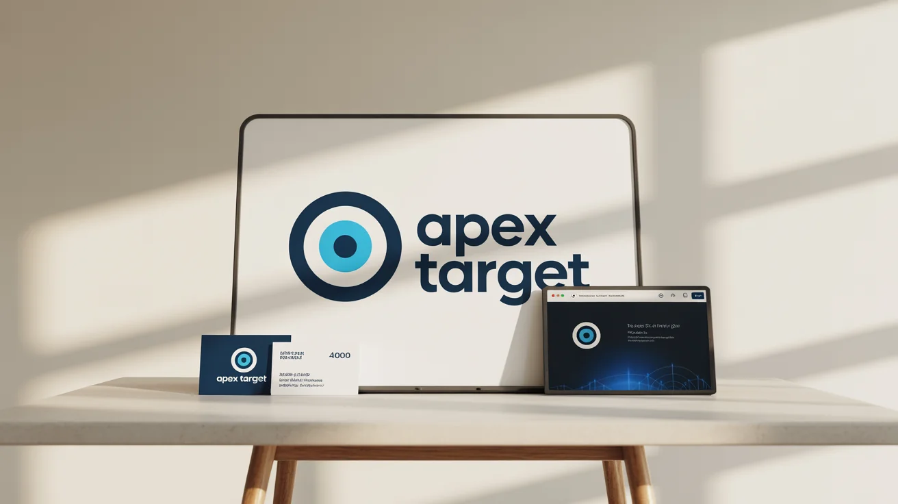 A professional branding presentation for a company named 'Apex Target', featuring a modern bullseye logo in navy blue and cyan on a business card and screen mockup.