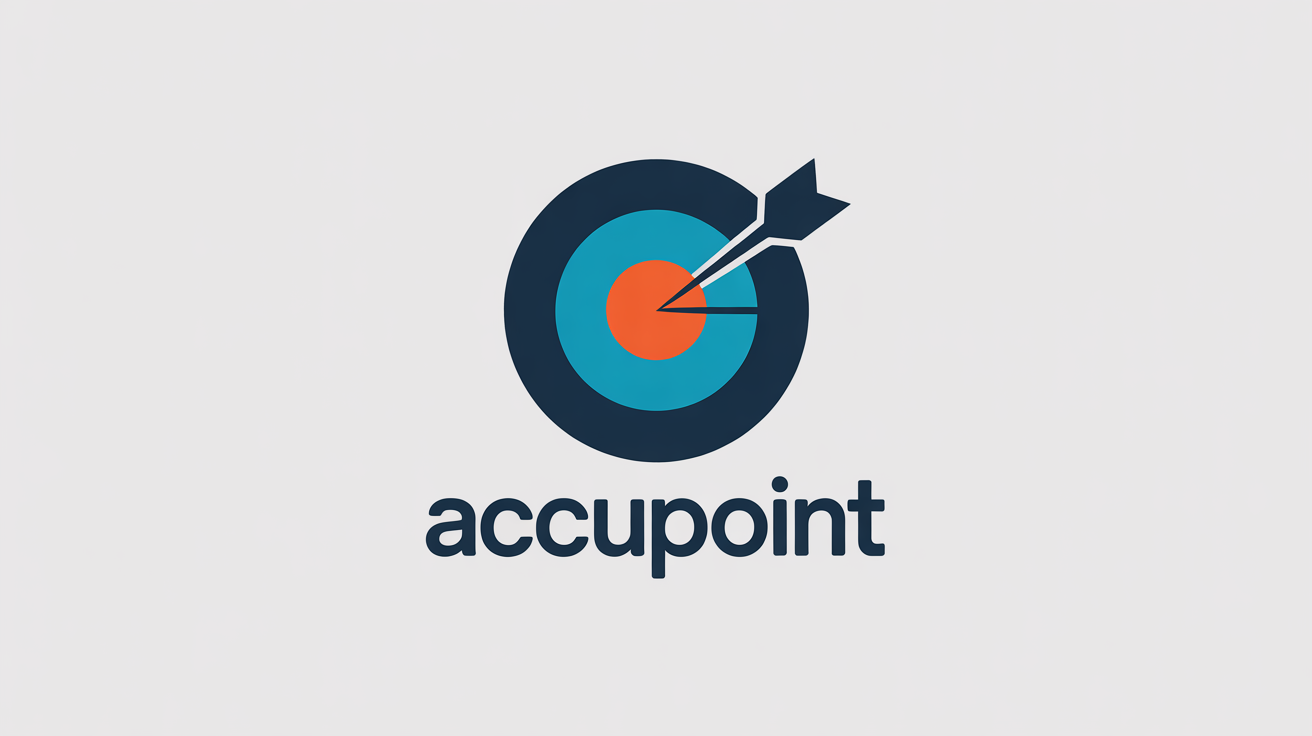 A modern bullseye logo for the brand 'AccuPoint', featuring navy blue and turquoise rings with a bright orange center being hit by an arrow, all on a clean white background.