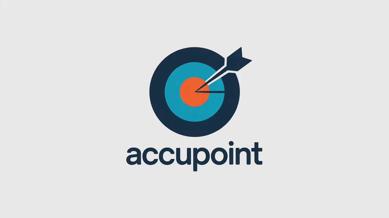 A modern bullseye logo for the brand 'AccuPoint', featuring navy blue and turquoise rings with a bright orange center being hit by an arrow, all on a clean white background.