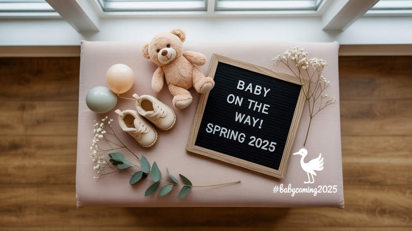 A professionally designed Instagram post announcing a pregnancy, shown as a flat lay on a pastel background. It includes baby booties, a teddy bear, and a sign that reads 'Baby on the way!' with a hashtag '#BabyComing2025' in the corner.
